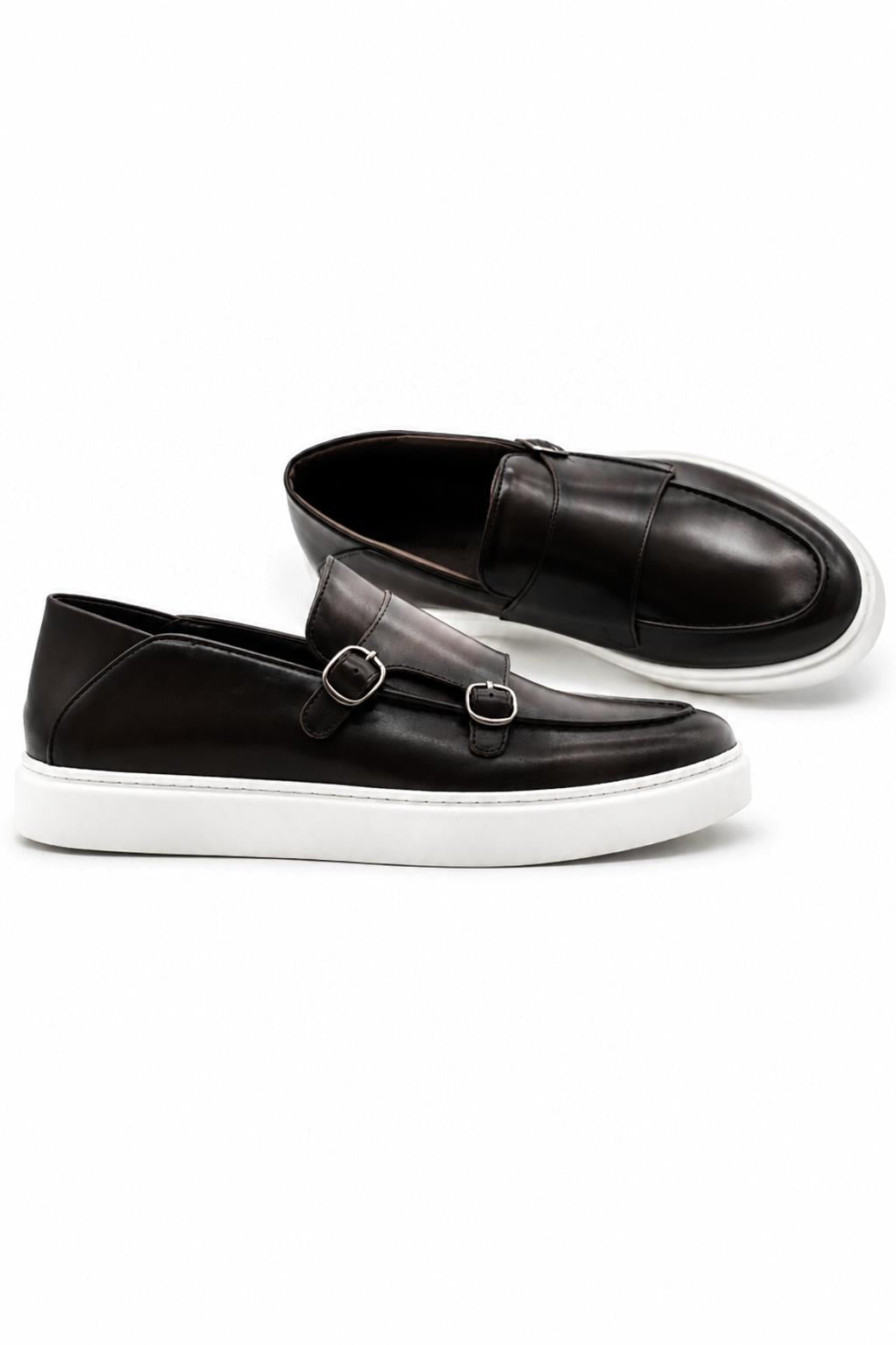 Men's Brown Real Leather Double Monk Strap Trainers White Sole