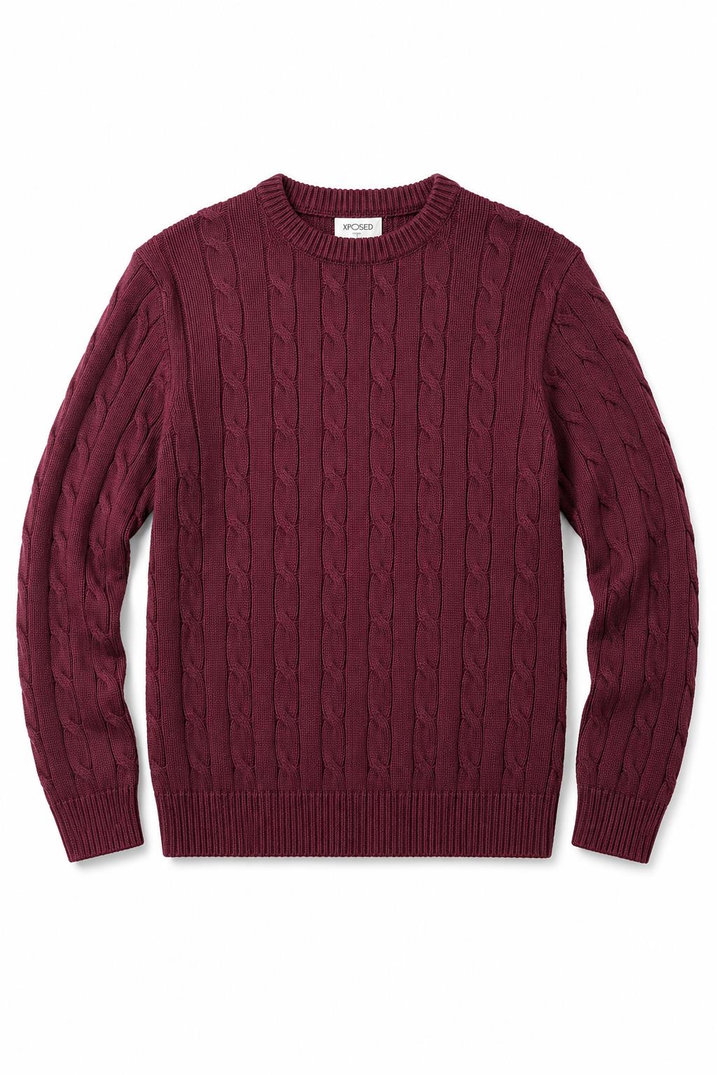 Men's Maroon 100% Cotton Fine Cable Knit Crew Neck Jumper