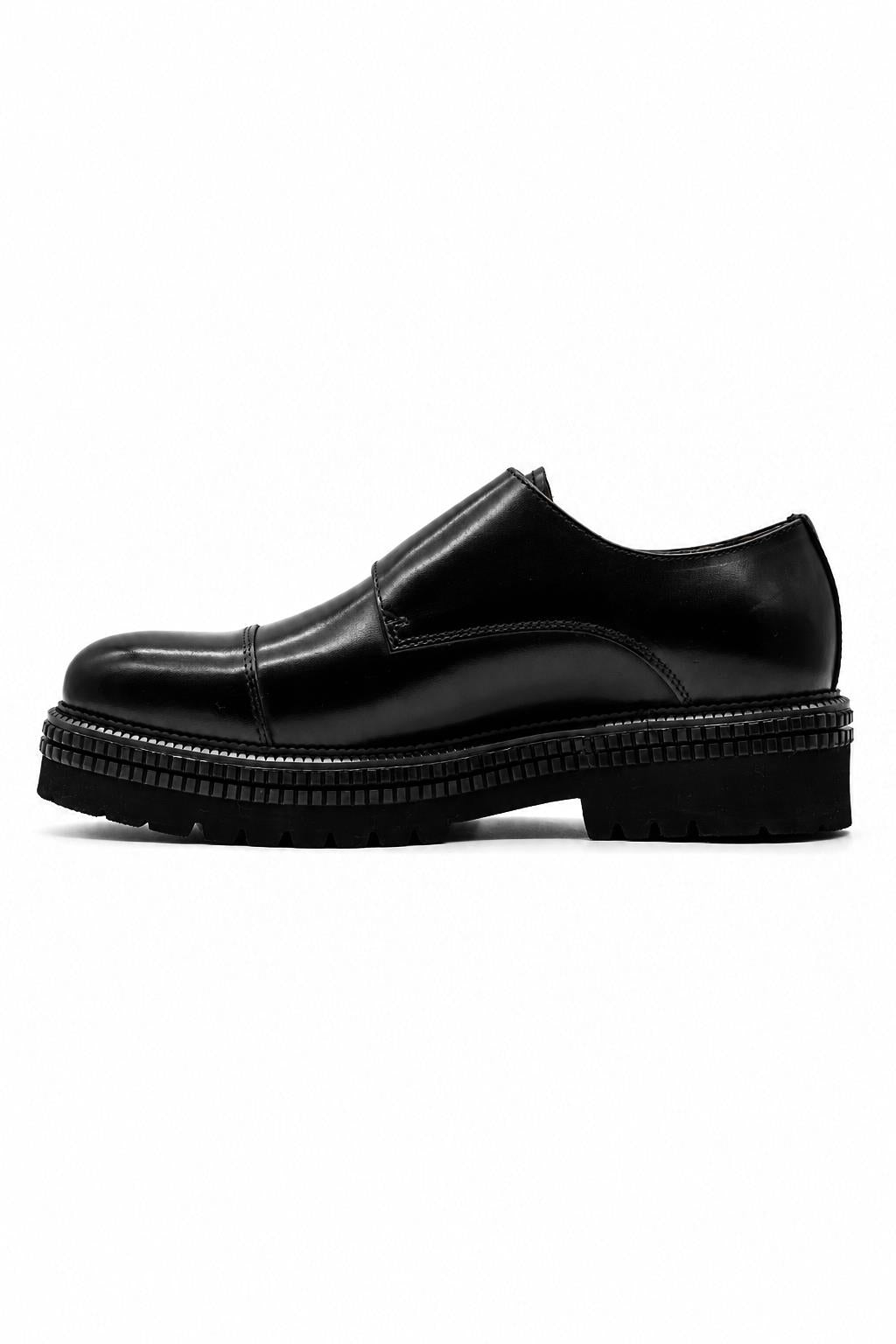 Men's Black Polished Leather Double Monk Strap Shoes - Chunky Sole