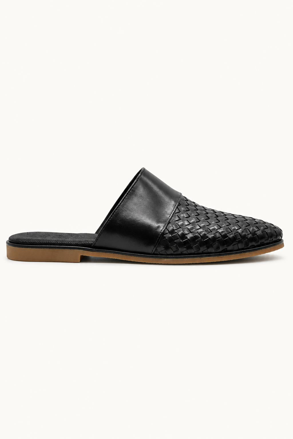 FINO Men’s Black Woven Leather Mule Slippers