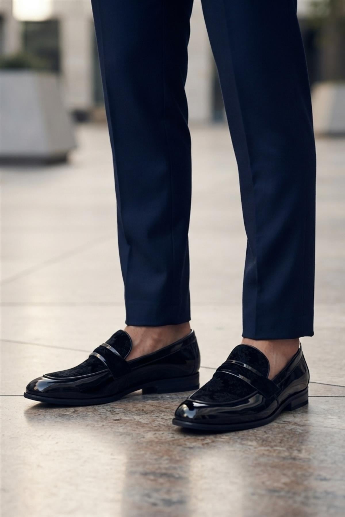 Men's Black Floral Velvet Patent Dress Loafers