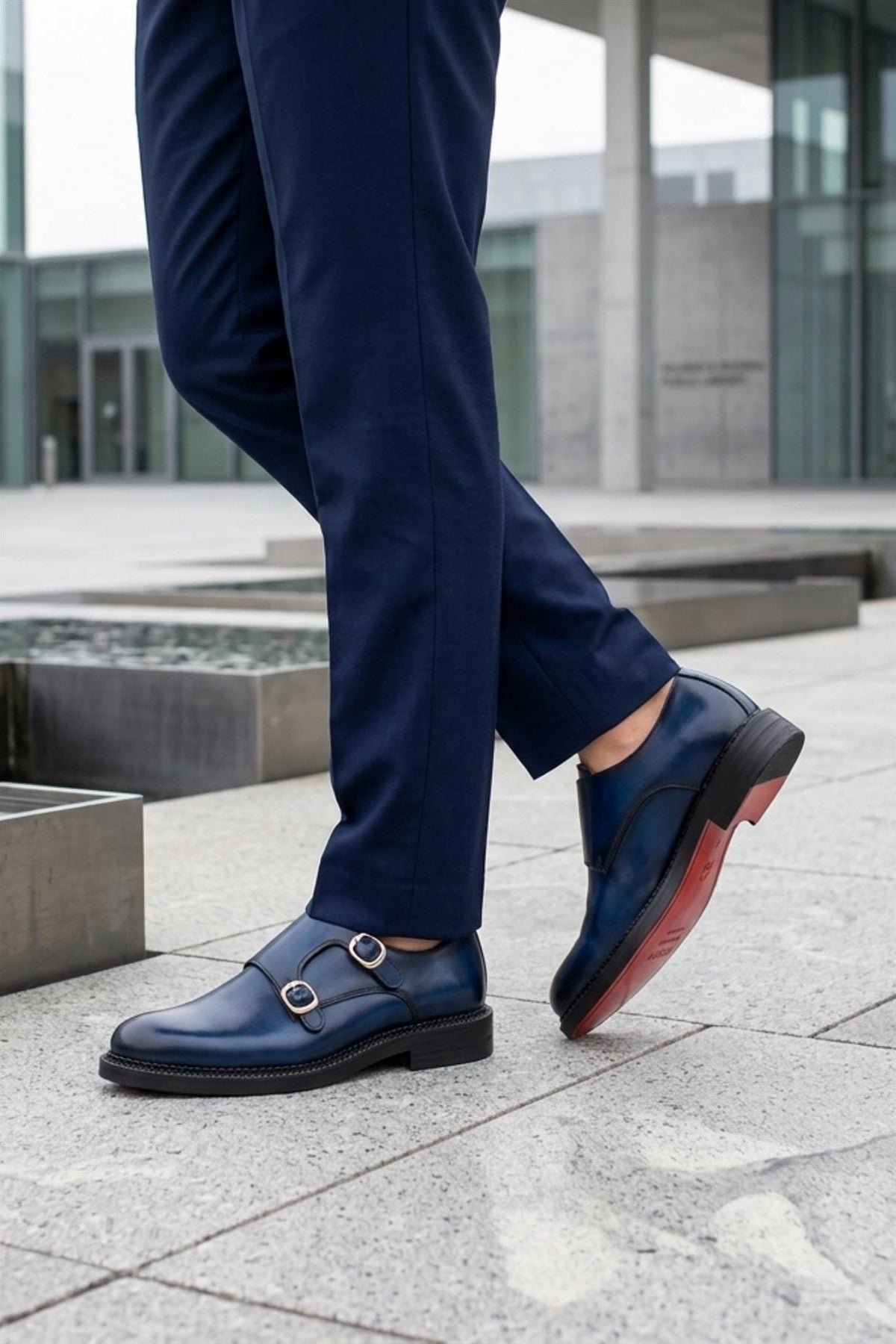 ROWE Men’s Blue Burnished Real Leather Double Monk Strap Shoes