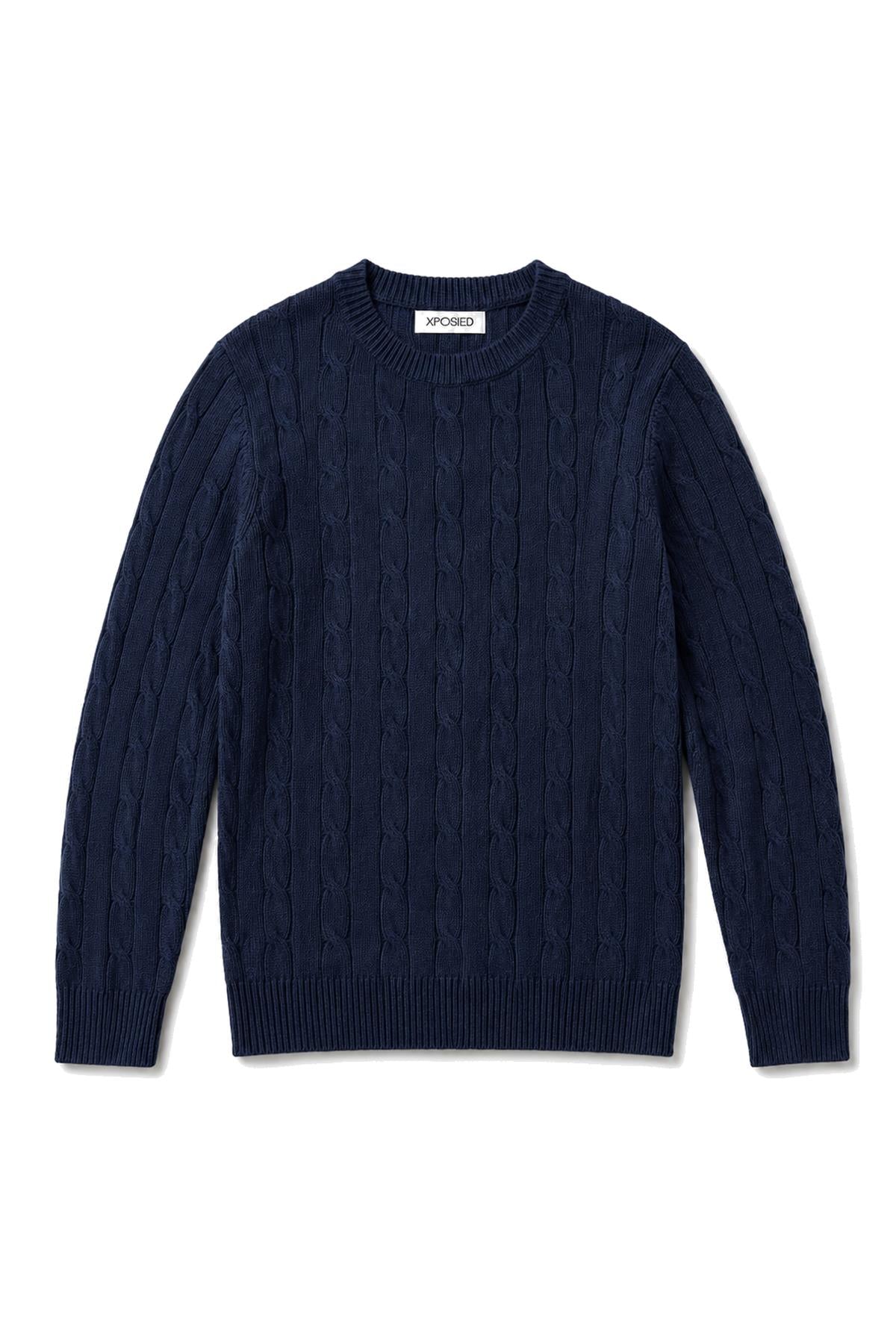 Men's Navy 100% Cotton Fine Cable Knit Crew Neck Jumper