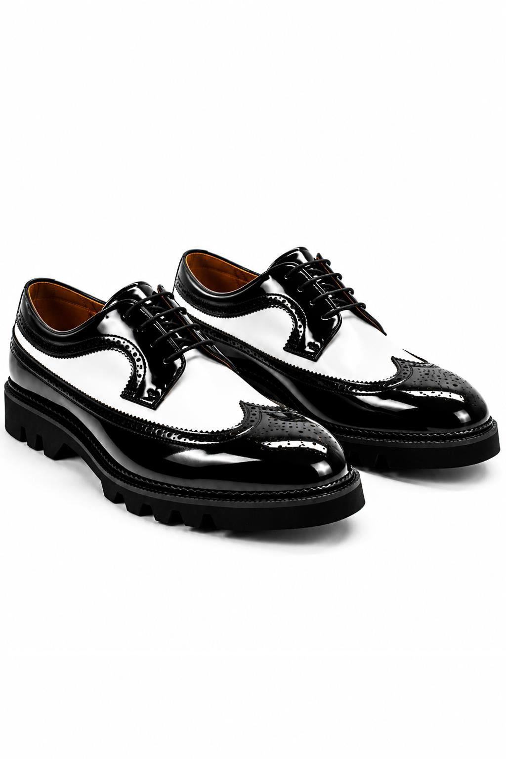 Men's 2 Tone Patent Brogues - Black & White Chunky Derby Shoes