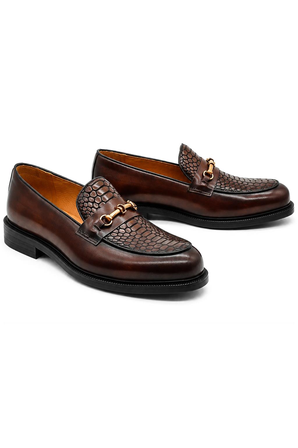 ASCOT Men’s Brown Snake-Effect Leather Snaffle Loafers