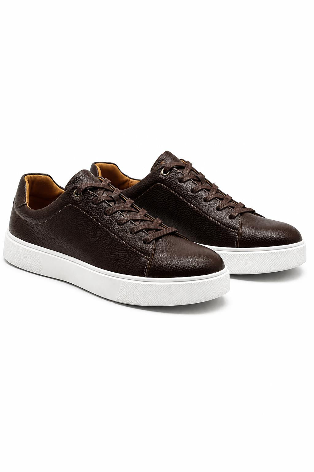 Men’s Coffee Brown Grain-Effect Faux Leather Lace-Up Trainers