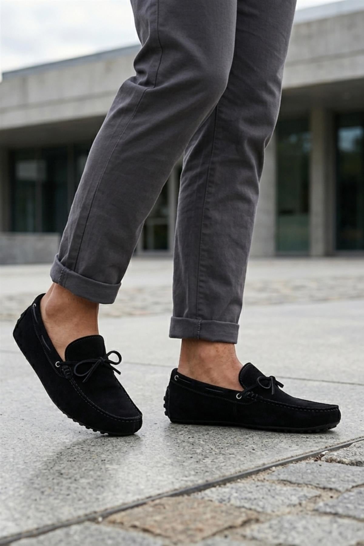 MAT Men's Real Suede Slip-On Loafers - Black Driving Shoes