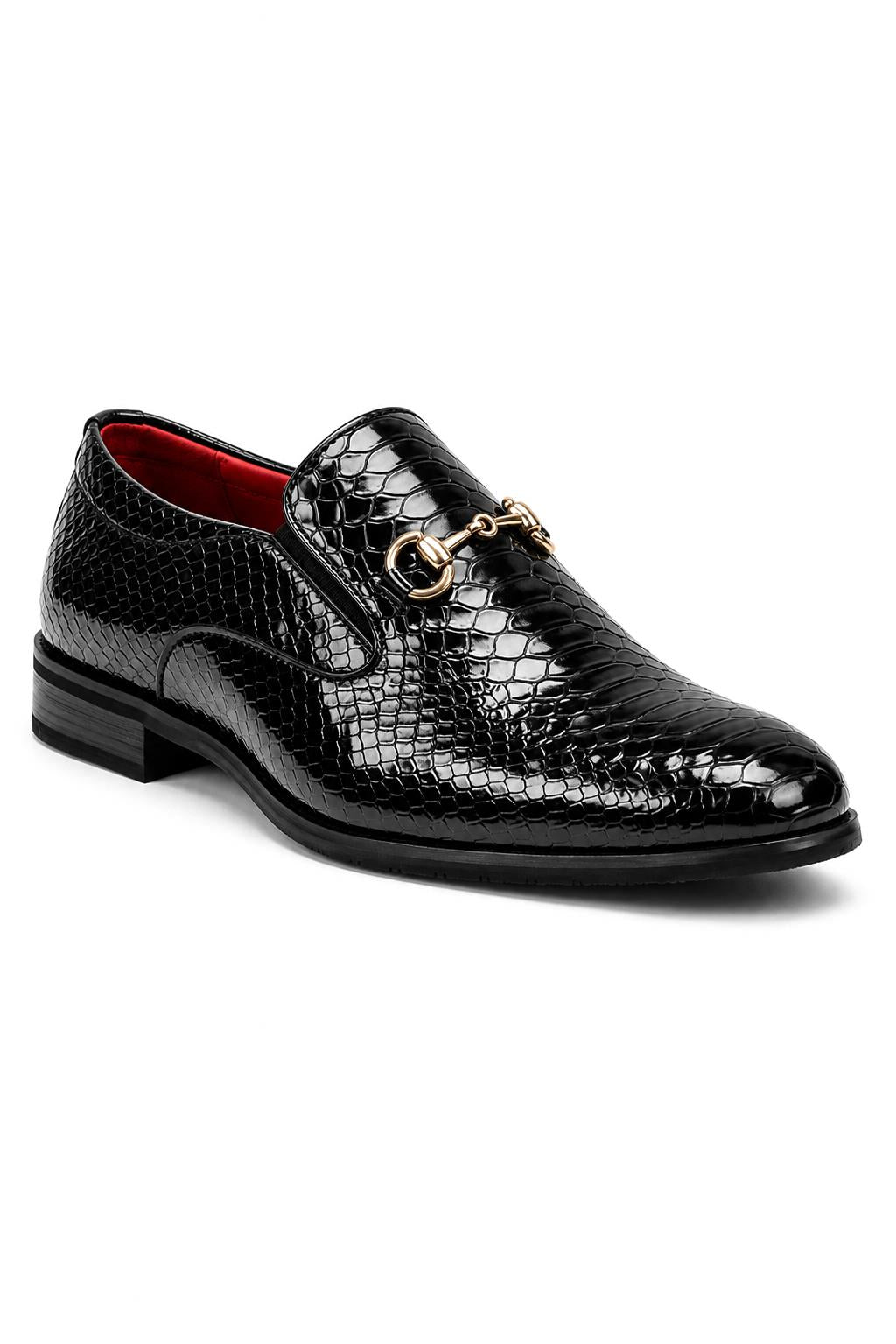 Men’s Black Patent Slip-On Loafers with Gold Snaffle Buckle