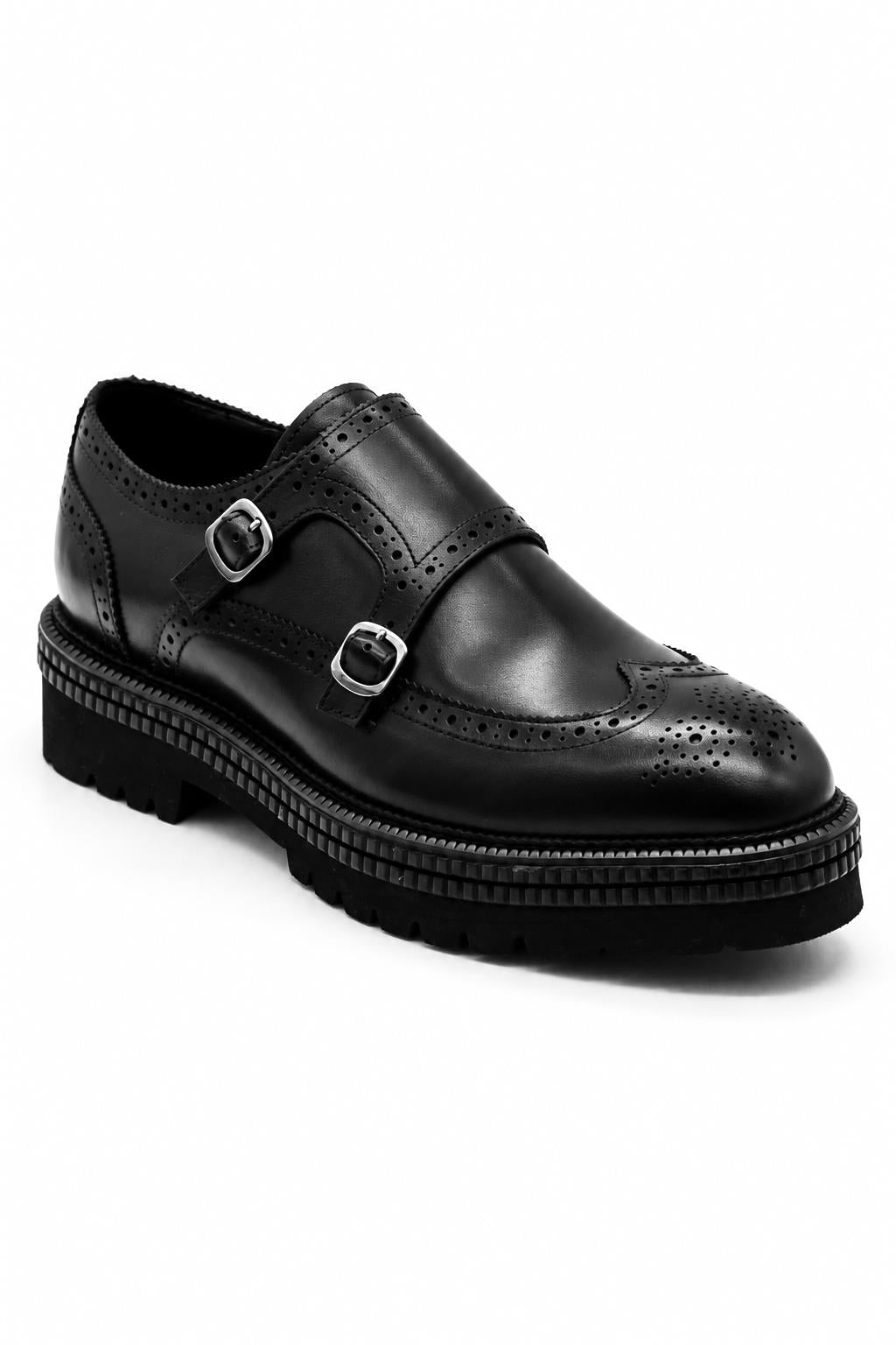 Men's Black Double Monk Strap Brogues - Chunky Sole