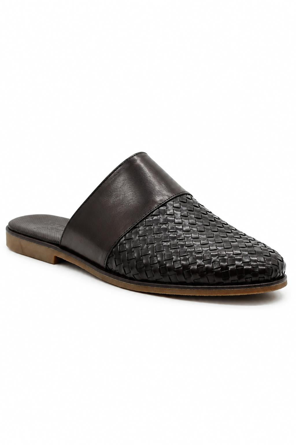 FINO Men’s Coffee Brown Woven Leather Mule Slippers