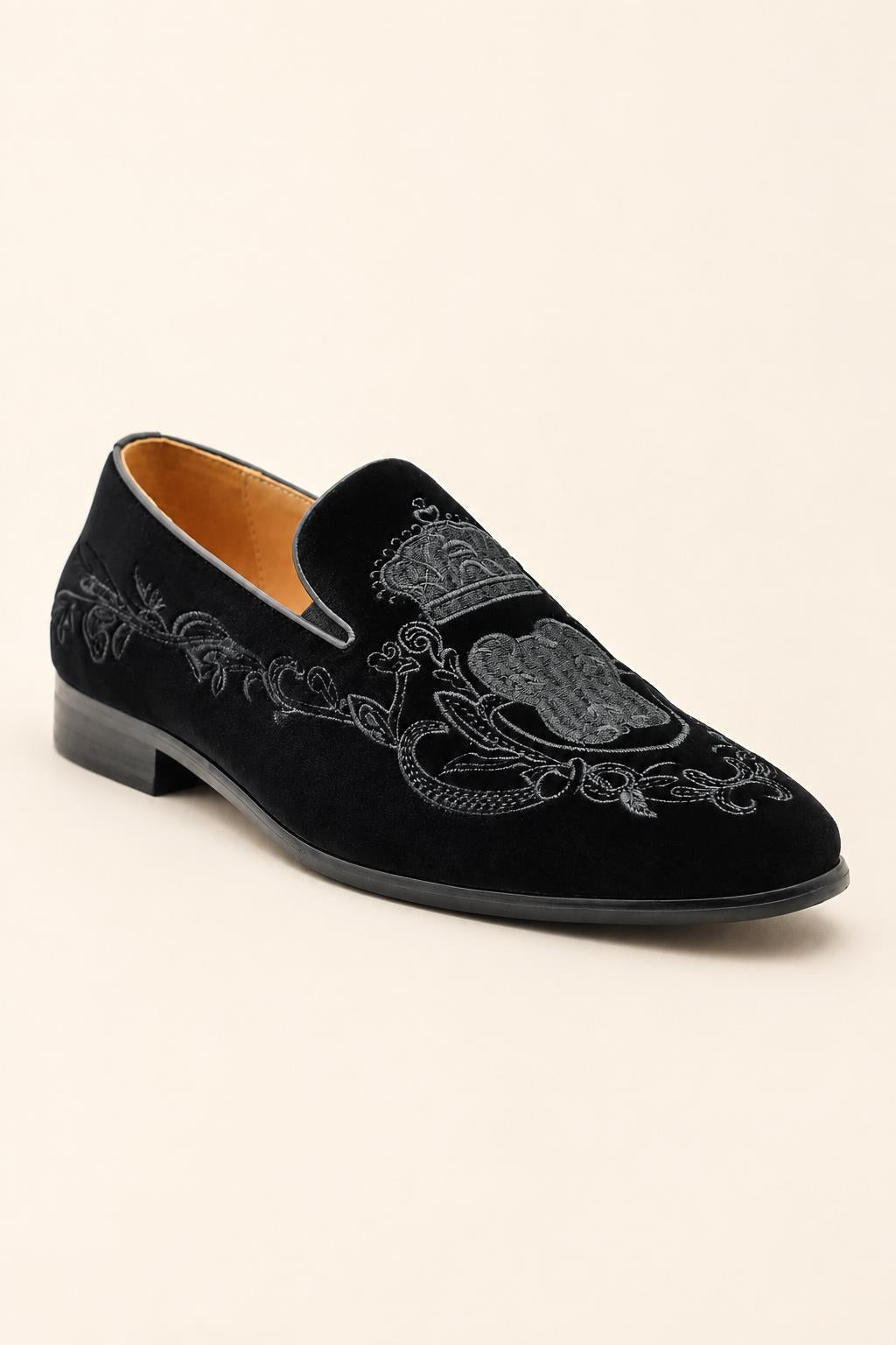 FRED Men’s Black Embroidered Velvet Party Loafers