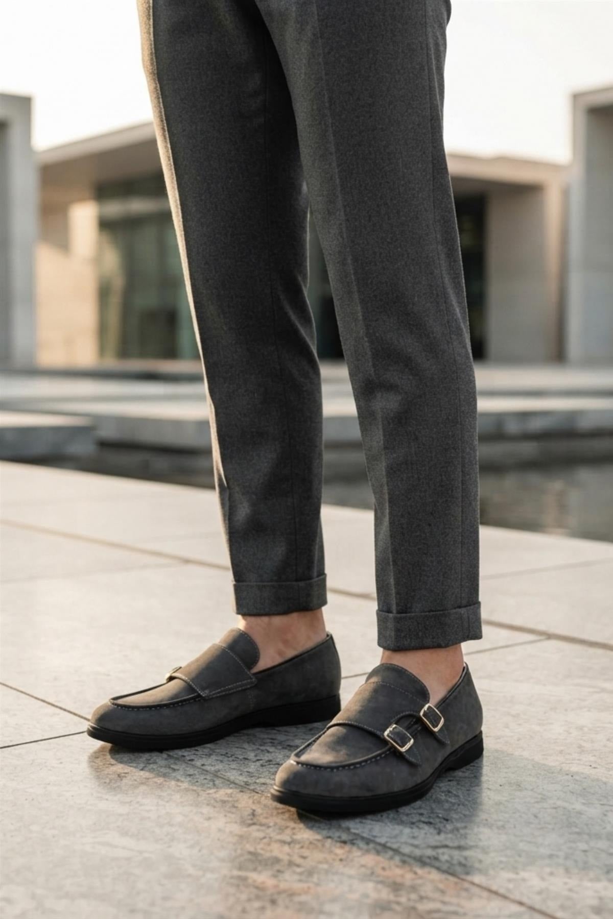 Men's Grey Faux Suede Double Monk Strap Loafers