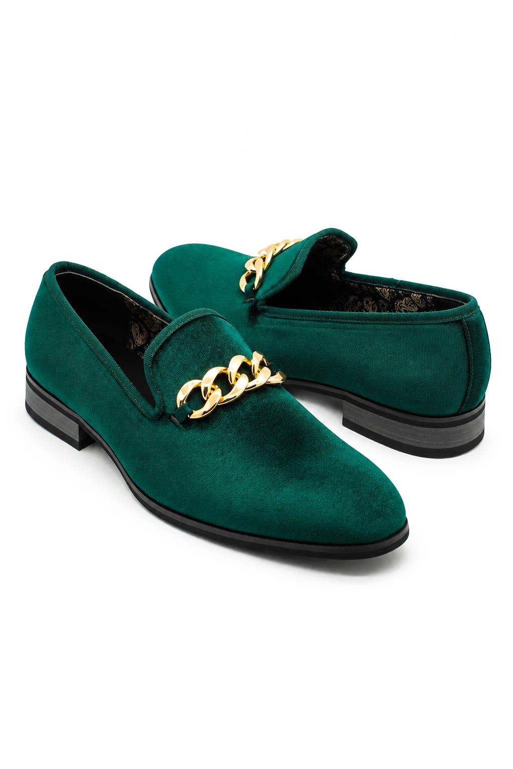 Men's Green Smooth Velvet Gold Chain Dress Loafers