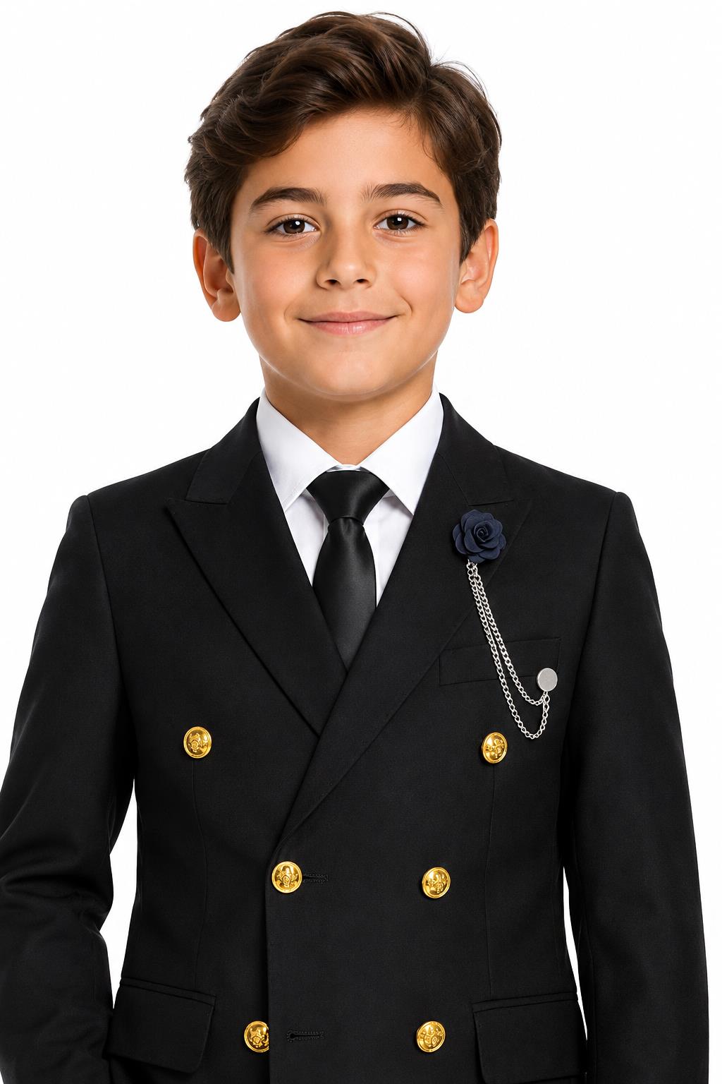 Boys Black Double Breasted 2 Piece Suit with Gold Buttons & Lapel Pin