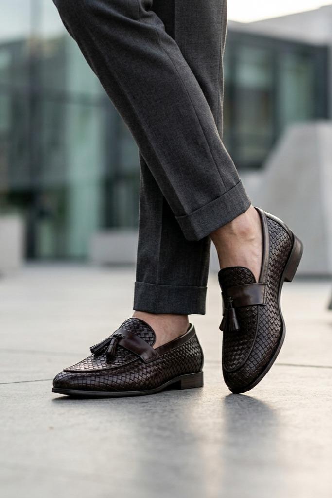 DIVO Men’s Brown Handmade Woven Leather Tassel Loafers