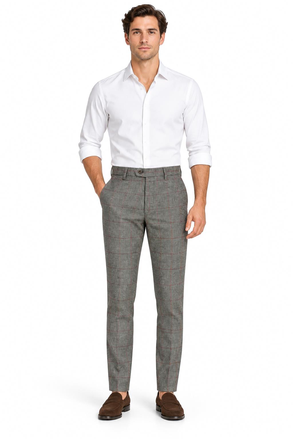 Kano - Mens Grey Double Breasted Tweed Herringbone Trousers