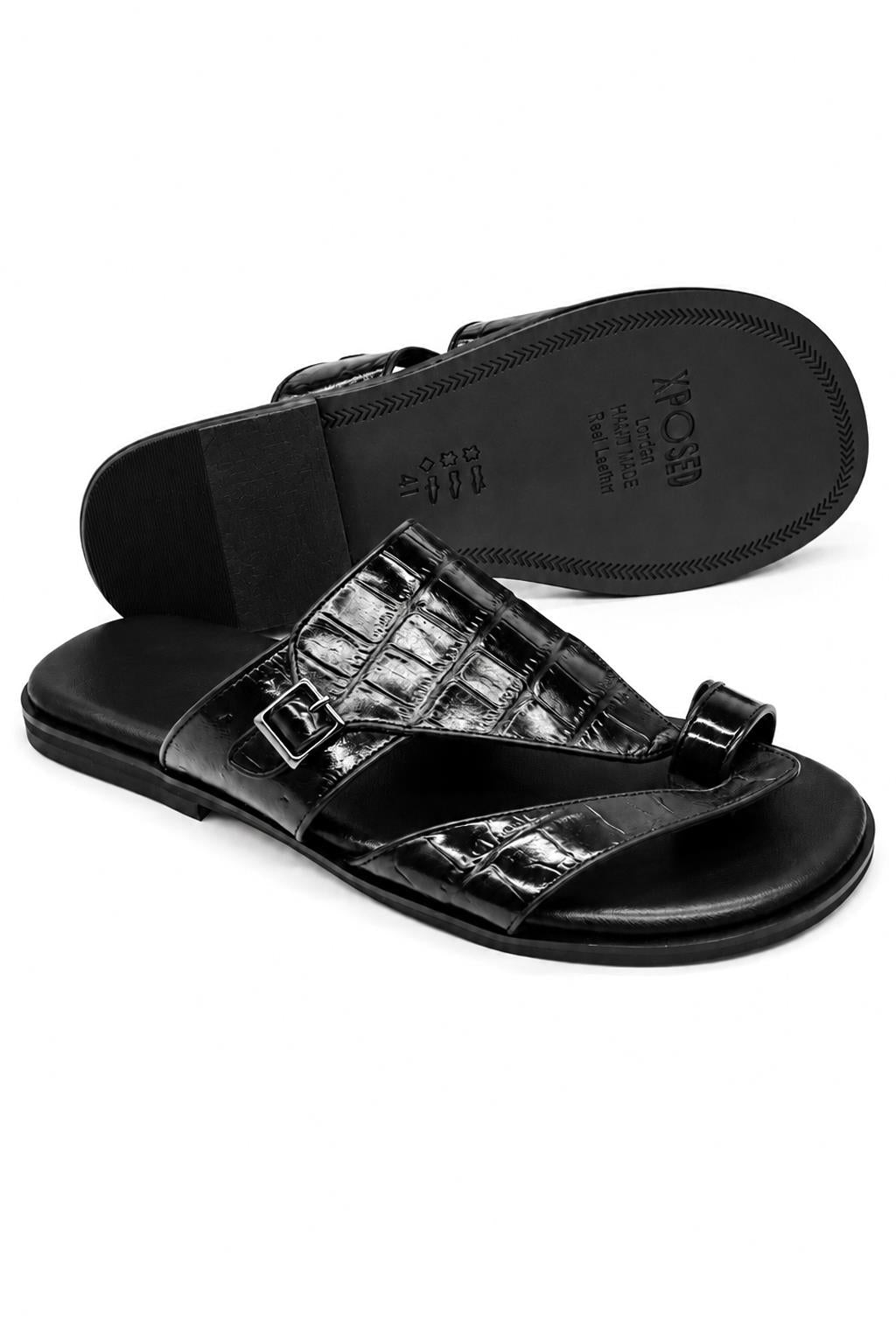 Men's Black Handmade Real Leather Croc-Effect Sandals