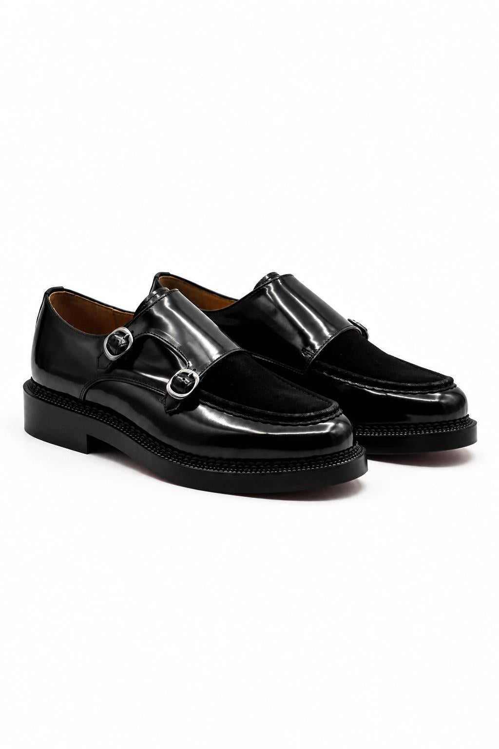 Men's Black Real Leather & Suede Double Monk Strap Shoes