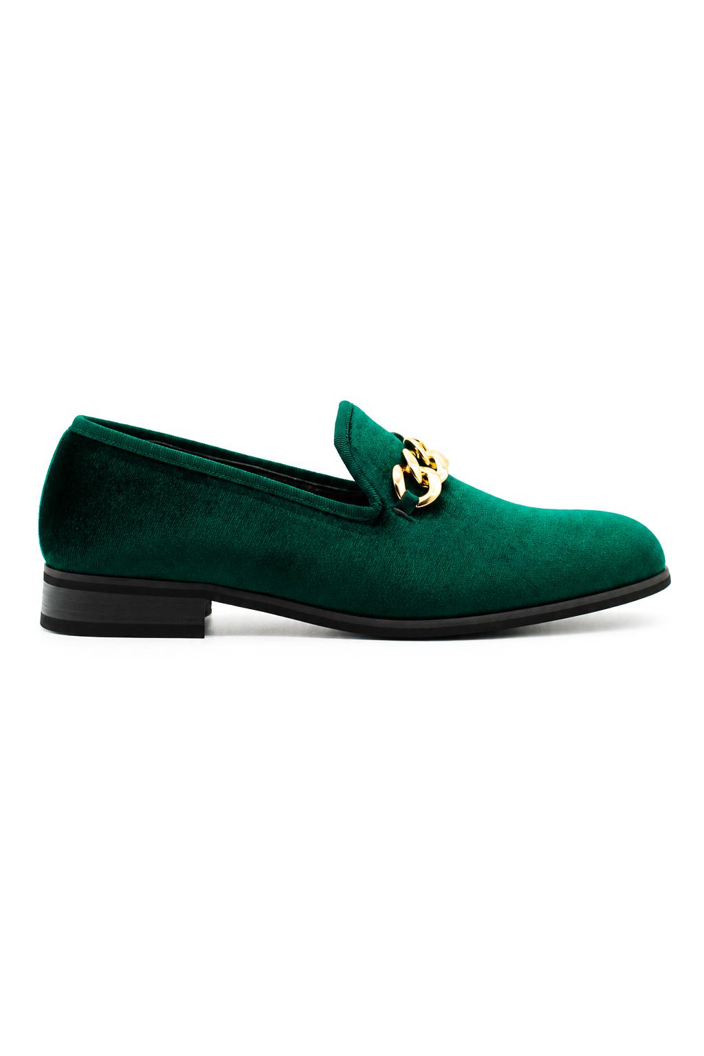 Men's Green Smooth Velvet Gold Chain Dress Loafers