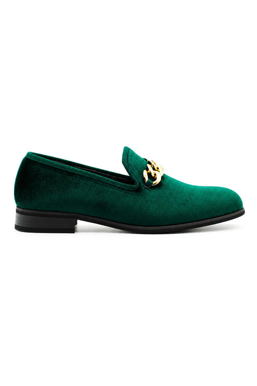 Men's Green Smooth Velvet Gold Chain Dress Loafers