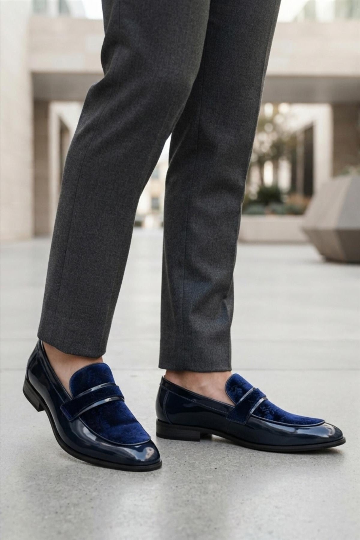 Men's Navy Floral Velvet Patent Dress Loafers