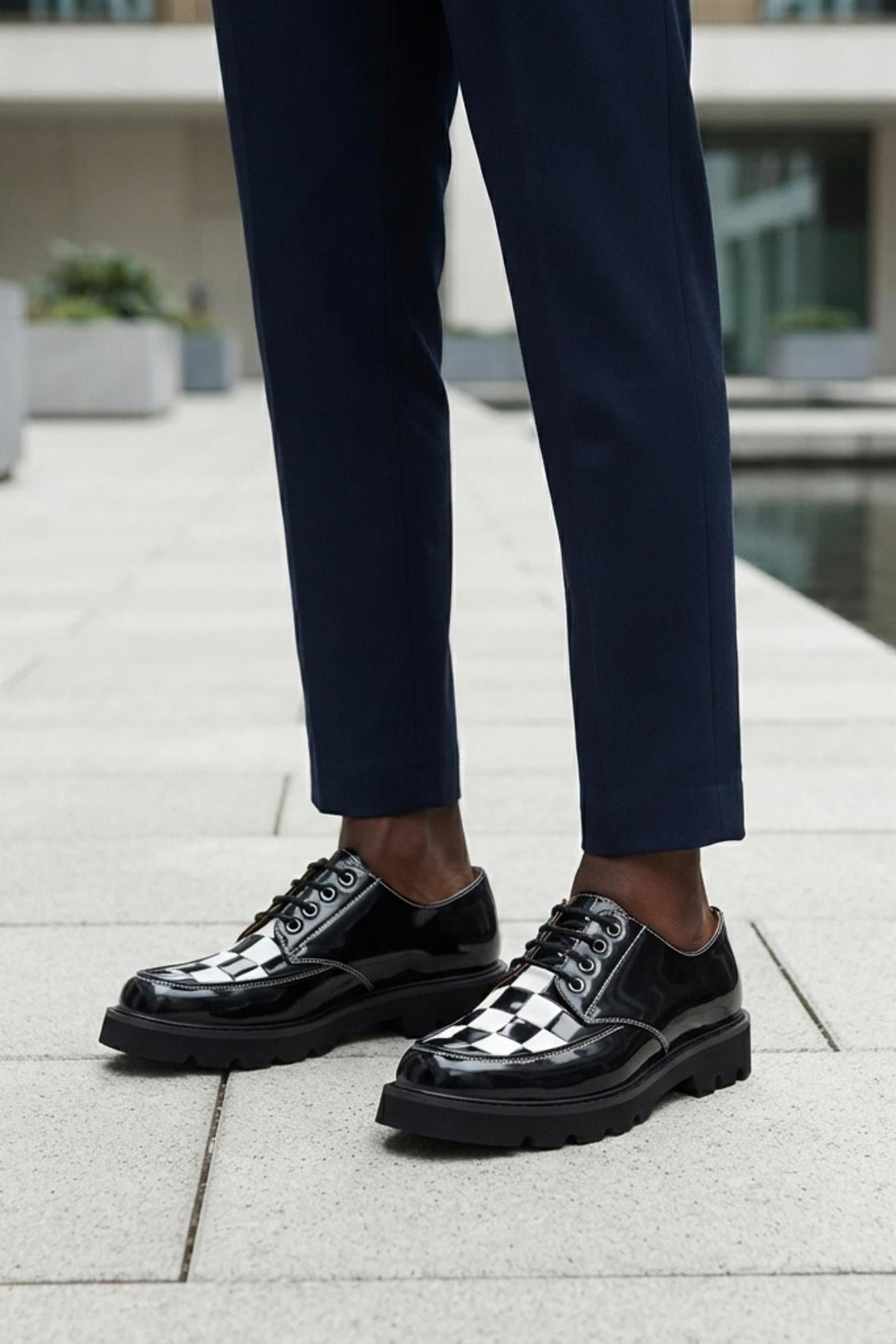 Men's Shiny Patent Black & White Mod-Style Chunky Derby Shoes