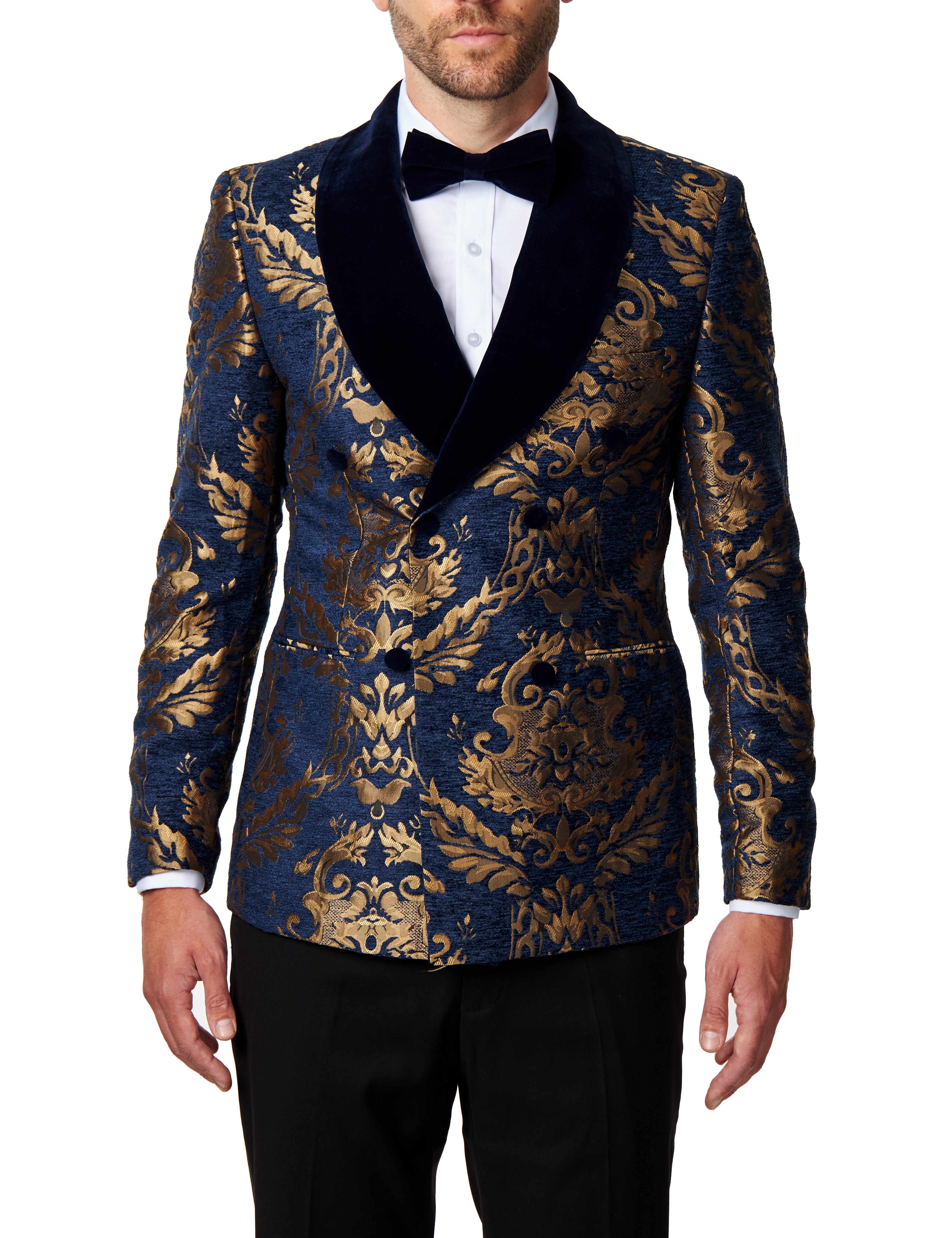 Gold Brocade on Navy Jacquard Double Breasted Jacket