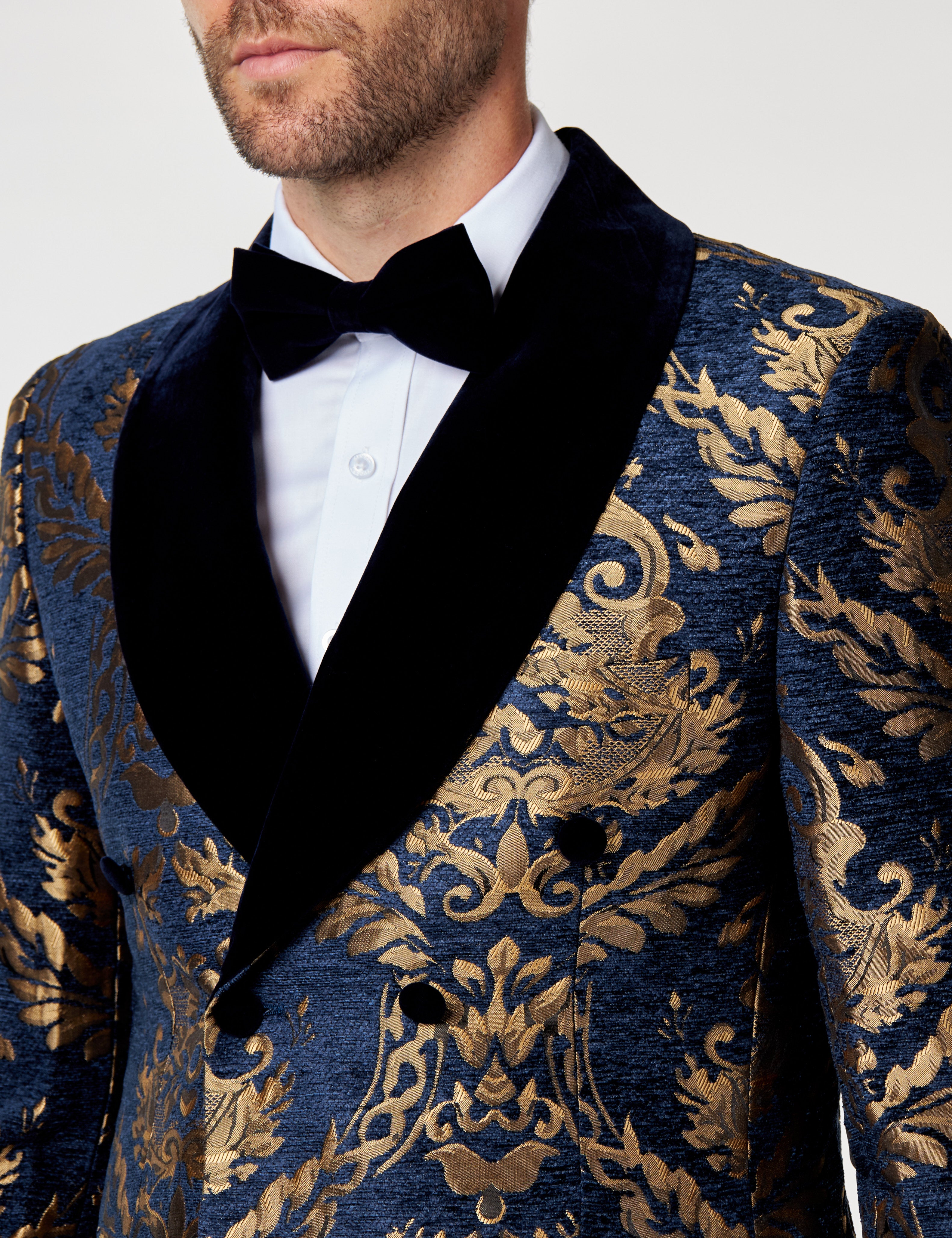 Gold Brocade on Navy Jacquard Double Breasted Jacket