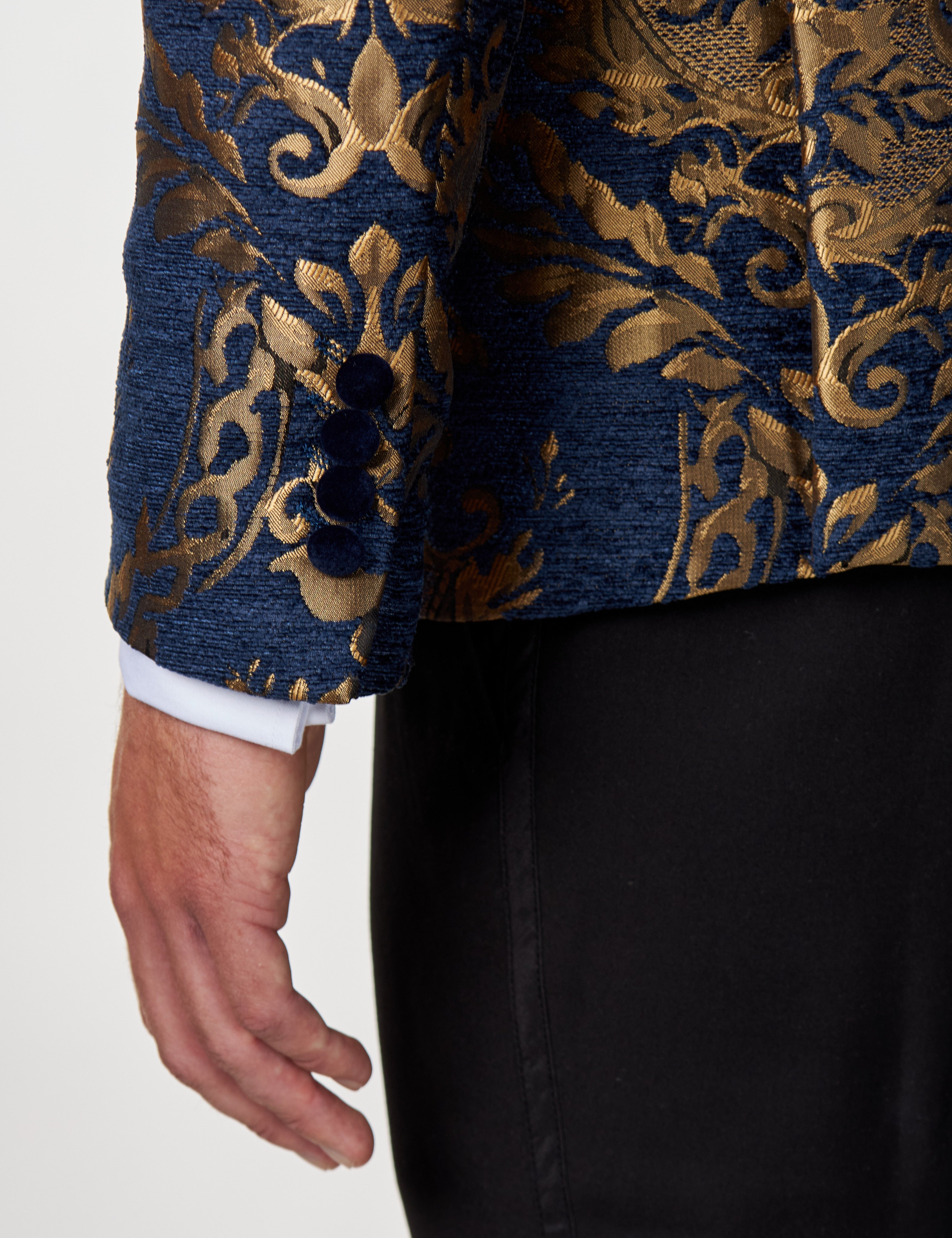 Zweireihige Jacke aus goldenem Brokat auf marineblauem Jacquard