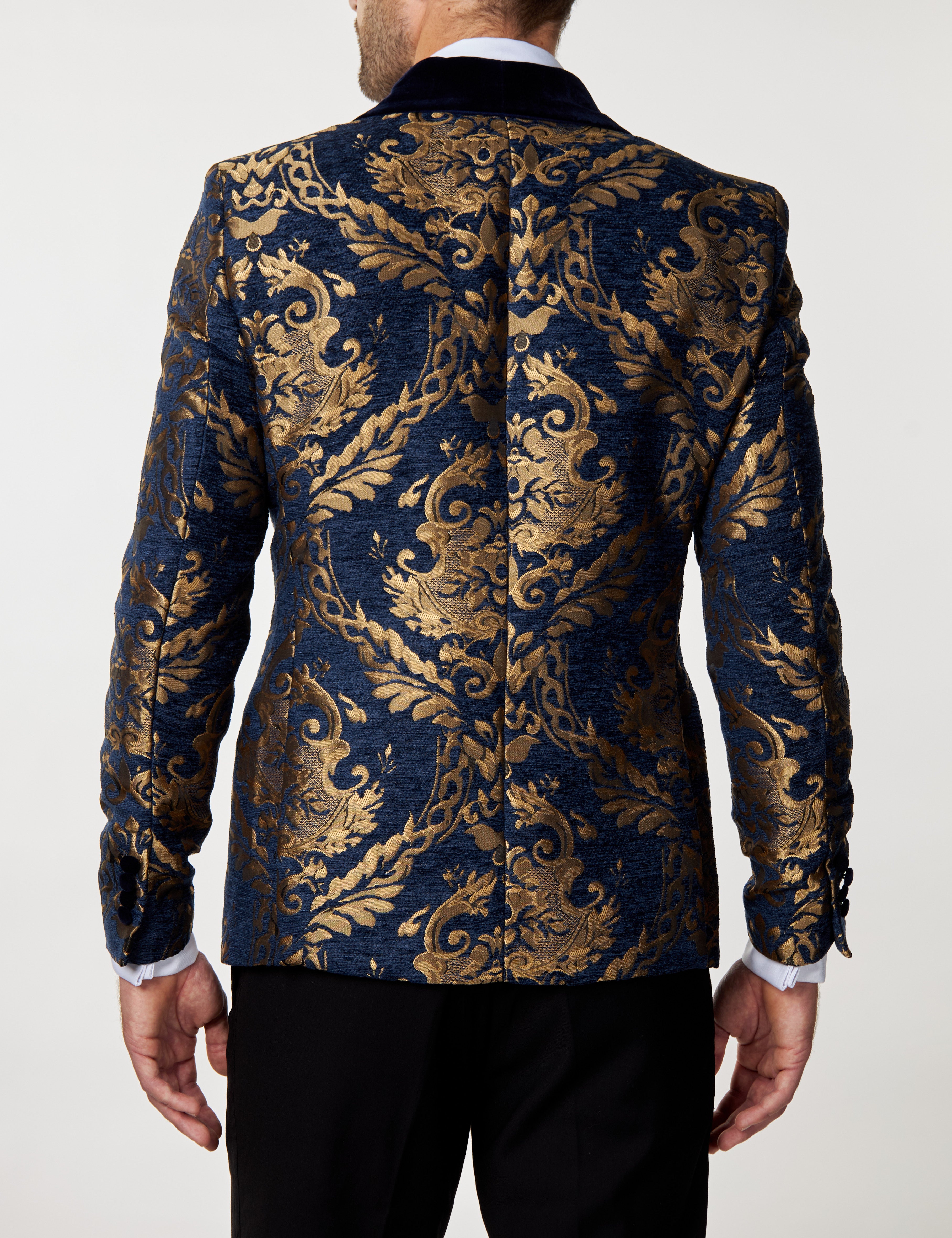 Gold Brocade on Navy Jacquard Double Breasted Jacket