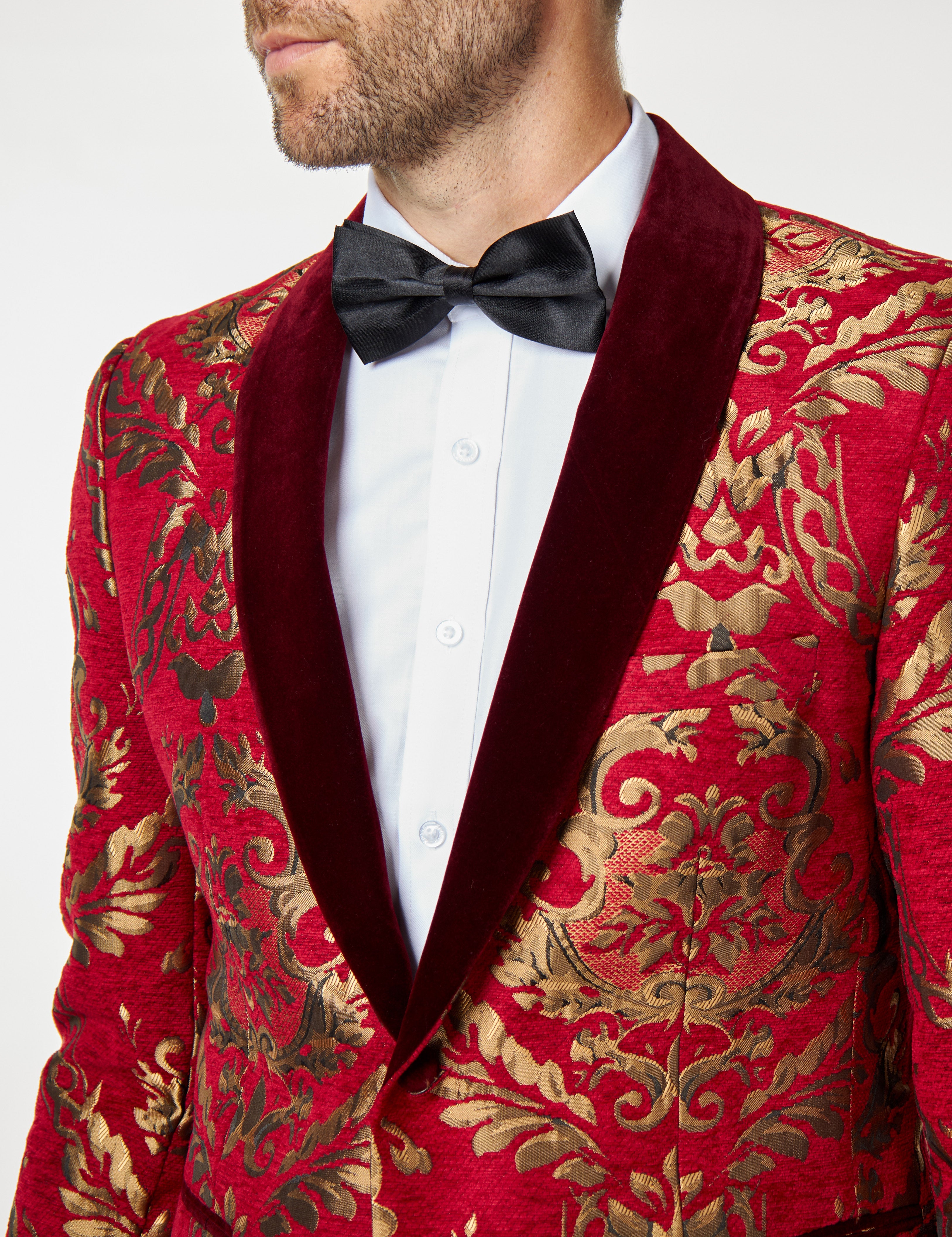 Gold Brocade Paisley on Crimson Red Jacquard Jacket