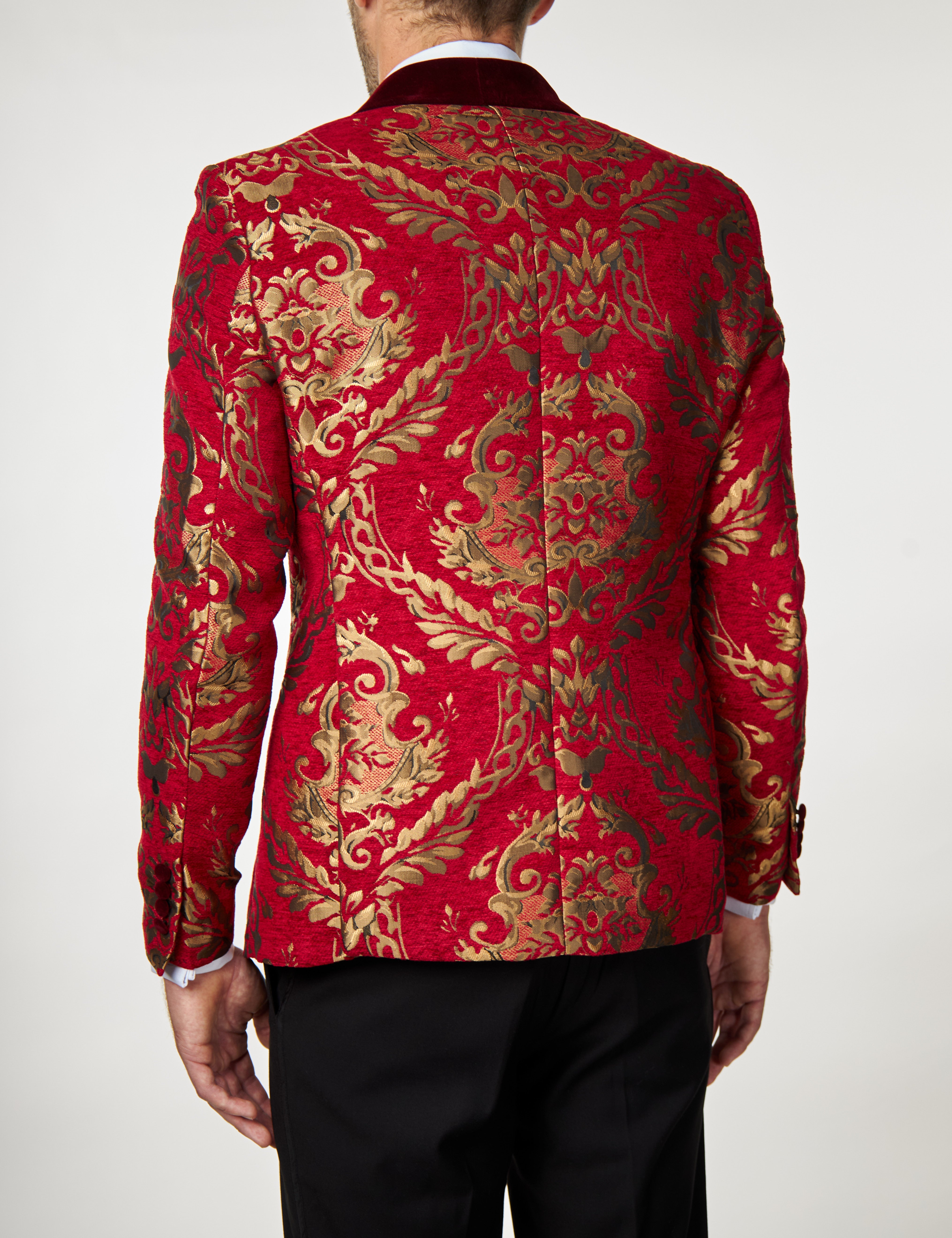 GLEN - Gold Brocade Paisley on Crimson Red Jacquard Dinner Jacket
