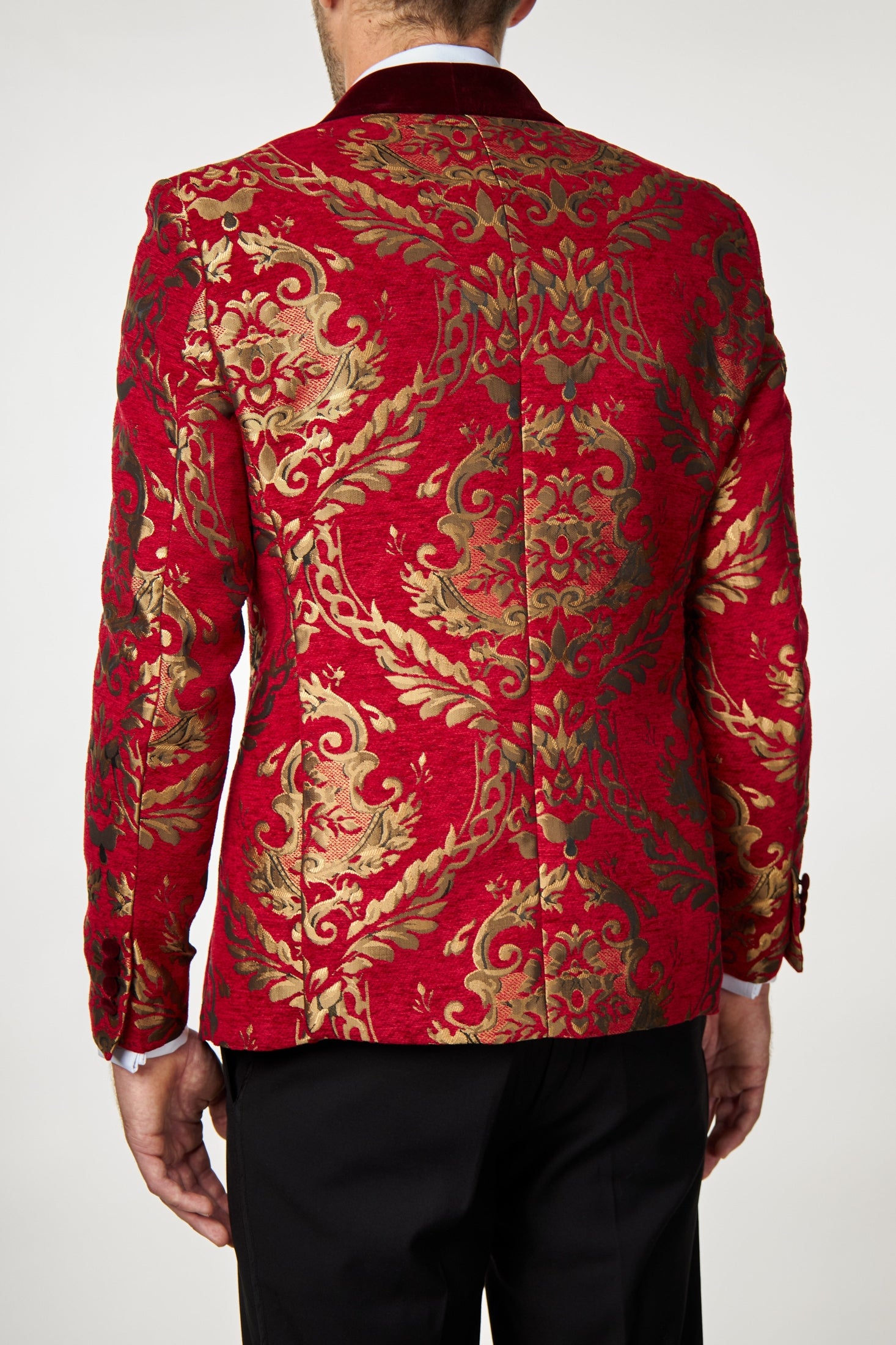 GLEN - Gold Brocade Paisley on Crimson Red Jacquard Dinner Jacket