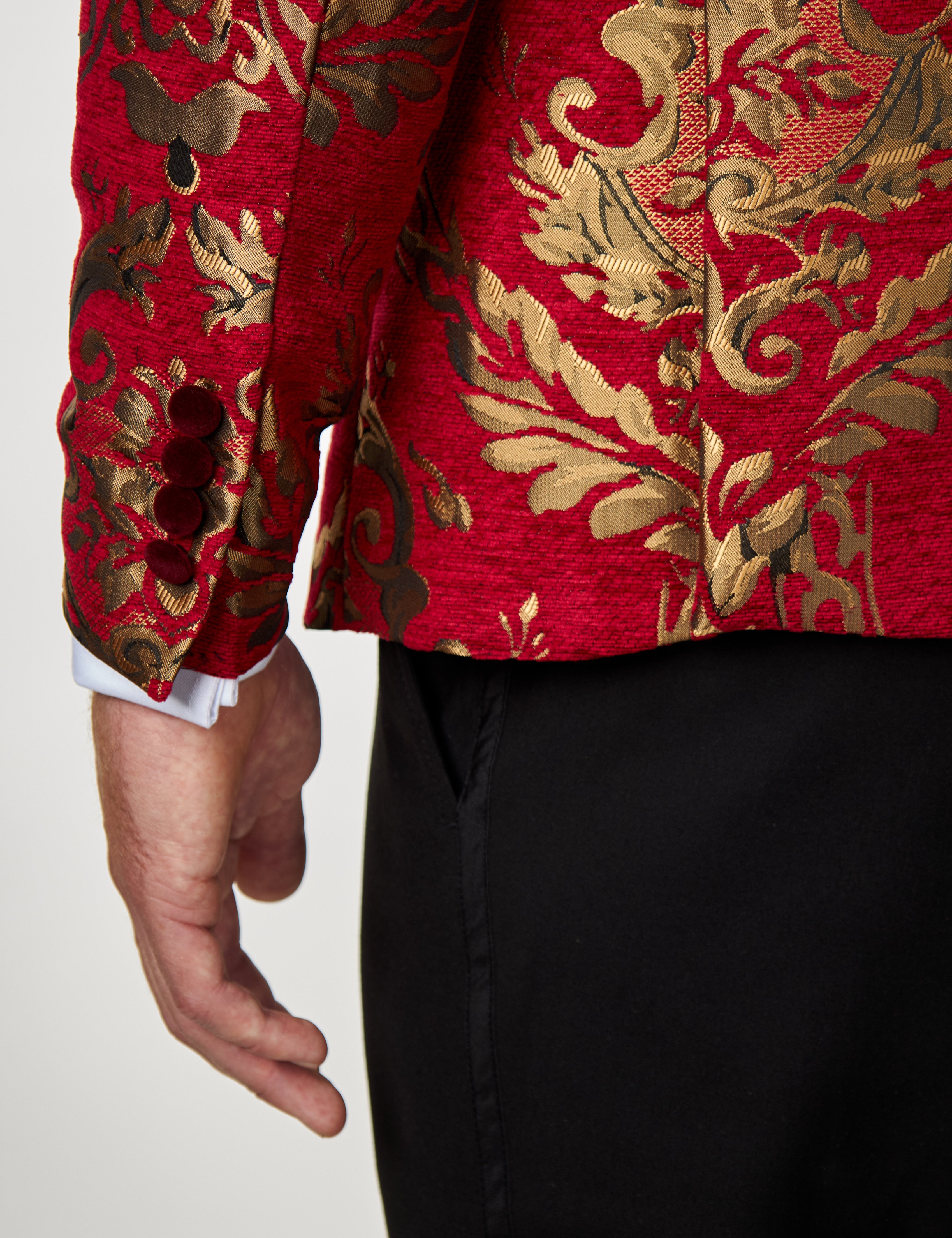 GLEN - Gold Brocade Paisley on Crimson Red Jacquard Dinner Jacket