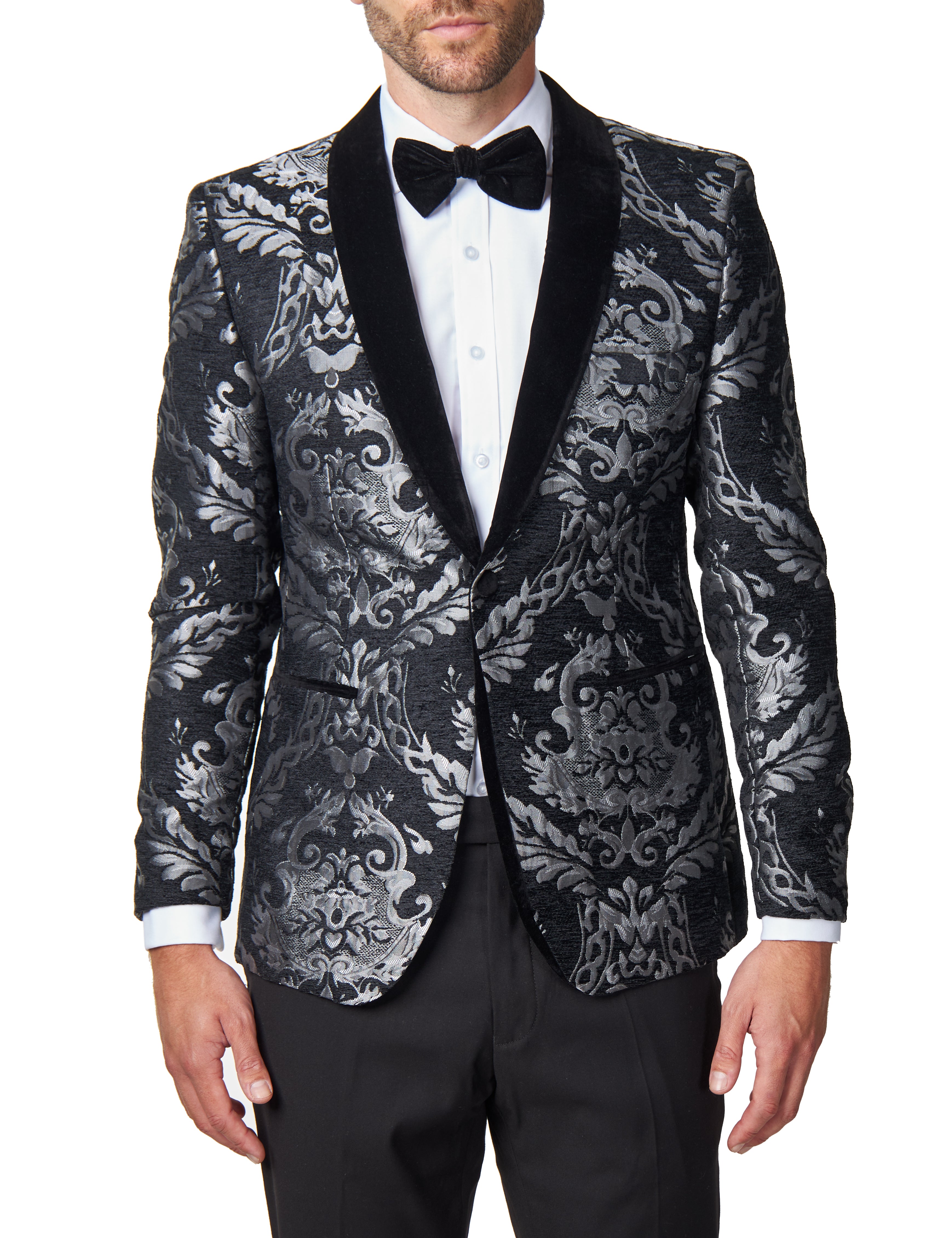 GREY FLORAL FOLIAGE VELVET JACQUARD JACKET