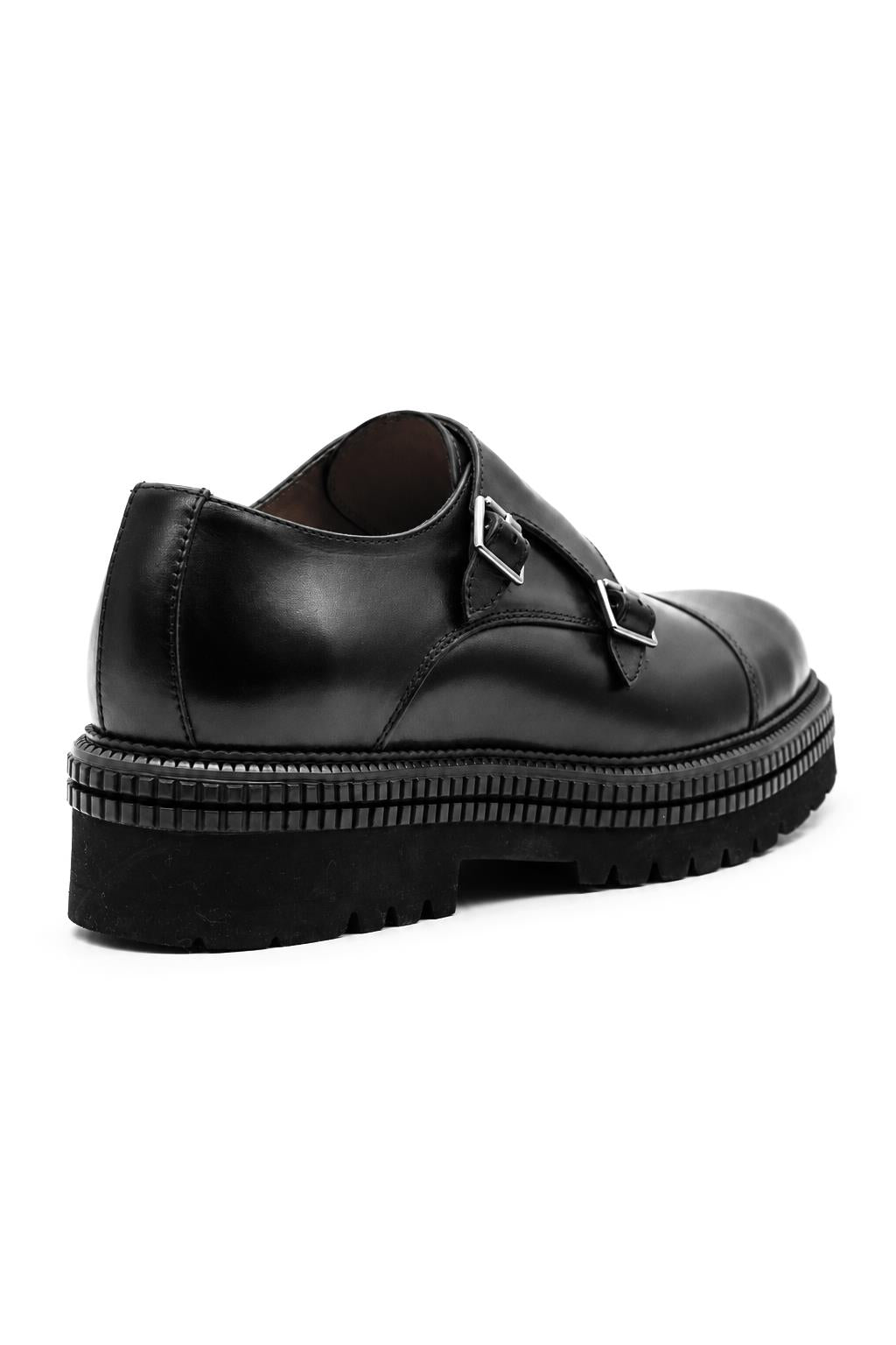 Men's Black Polished Leather Double Monk Strap Shoes - Chunky Sole