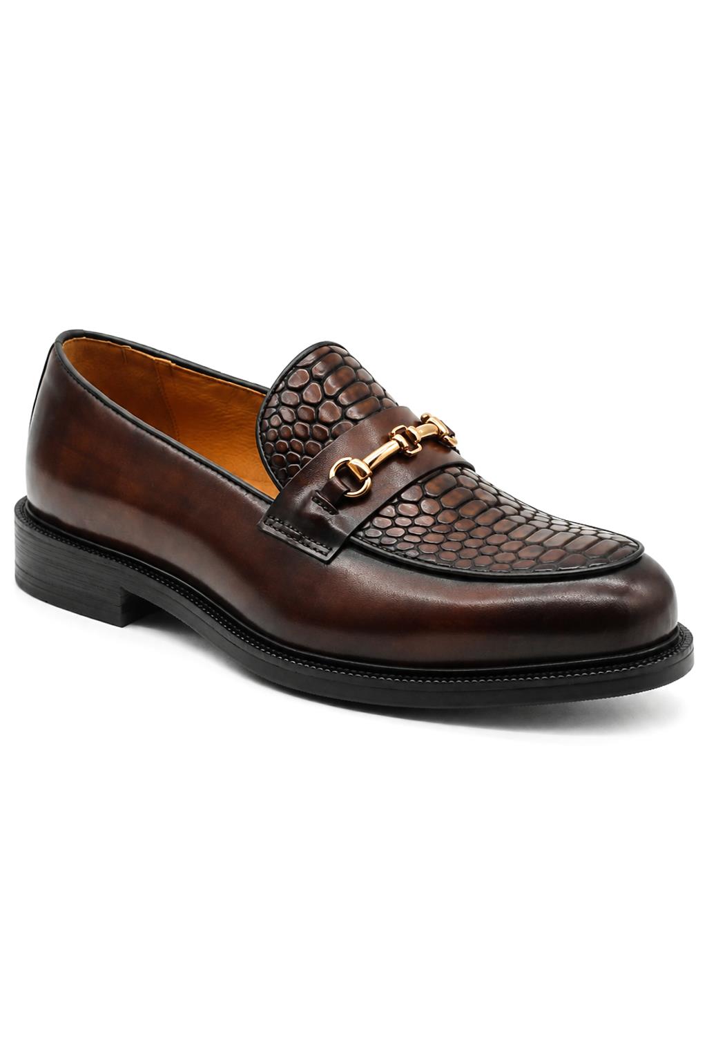 ASCOT Men’s Brown Snake-Effect Leather Snaffle Loafers