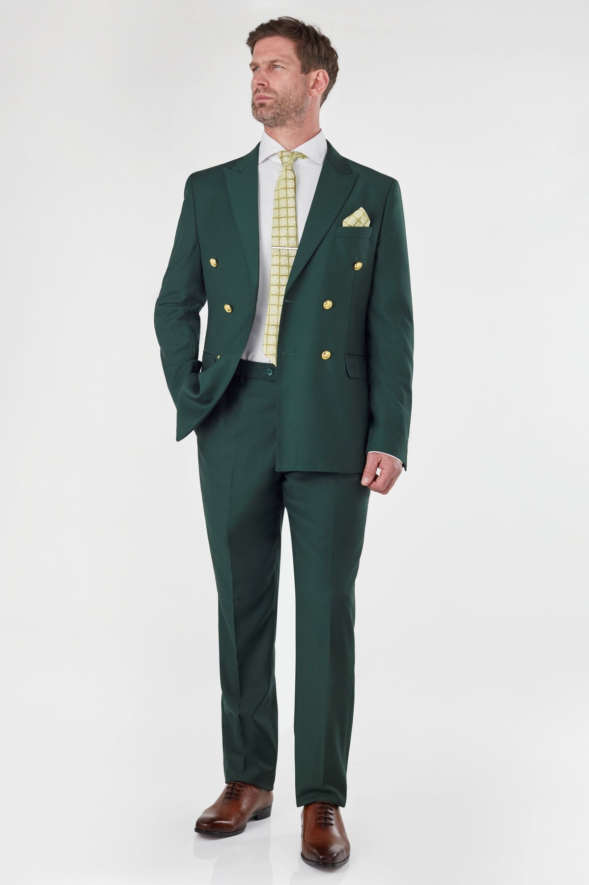Men's Designer Two Button Wool Suit in Hunter Green with Micro Plaid Double Breasted Vest main image 1