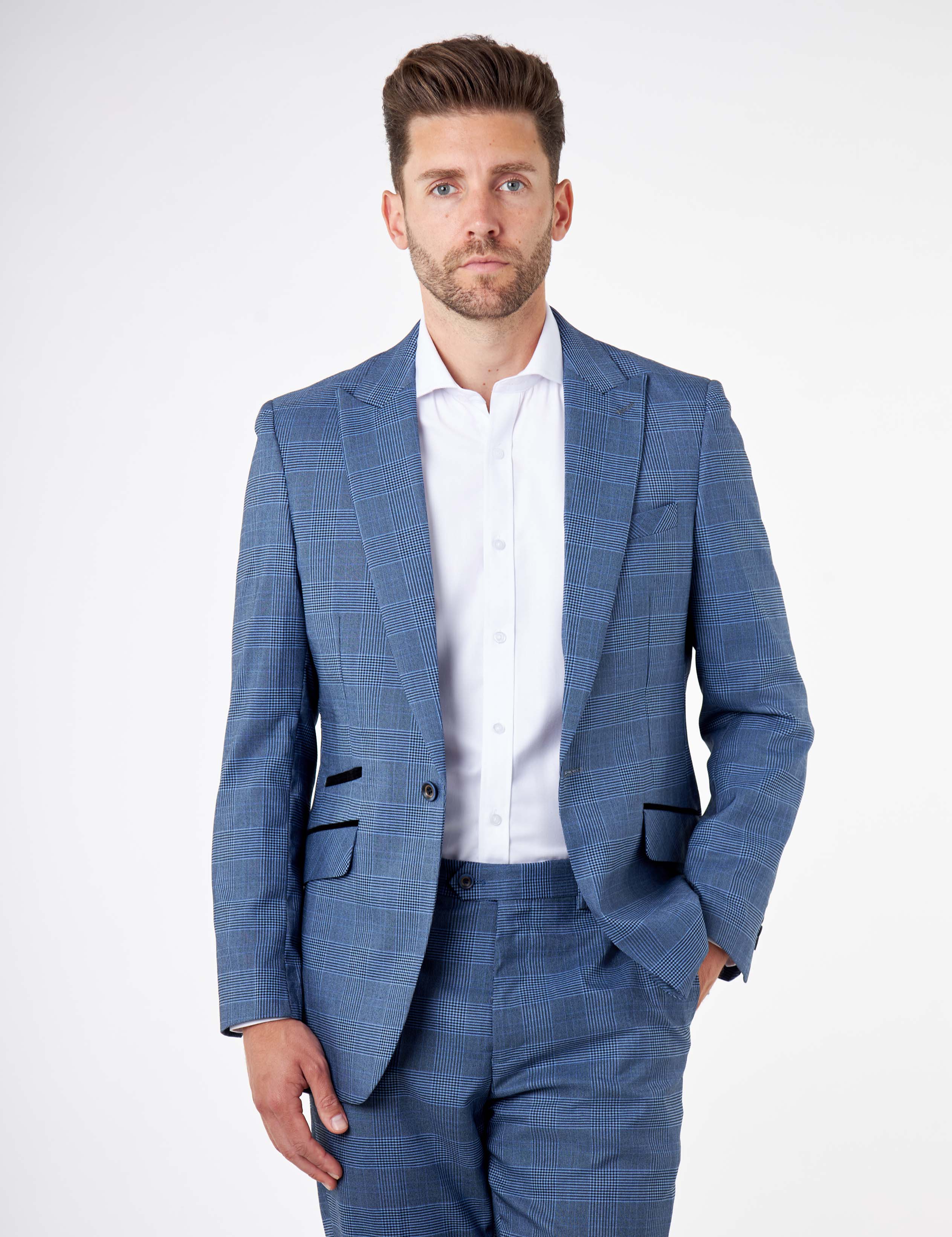 EKON – Blue Price of Wales Check Tailored Suit Jacket