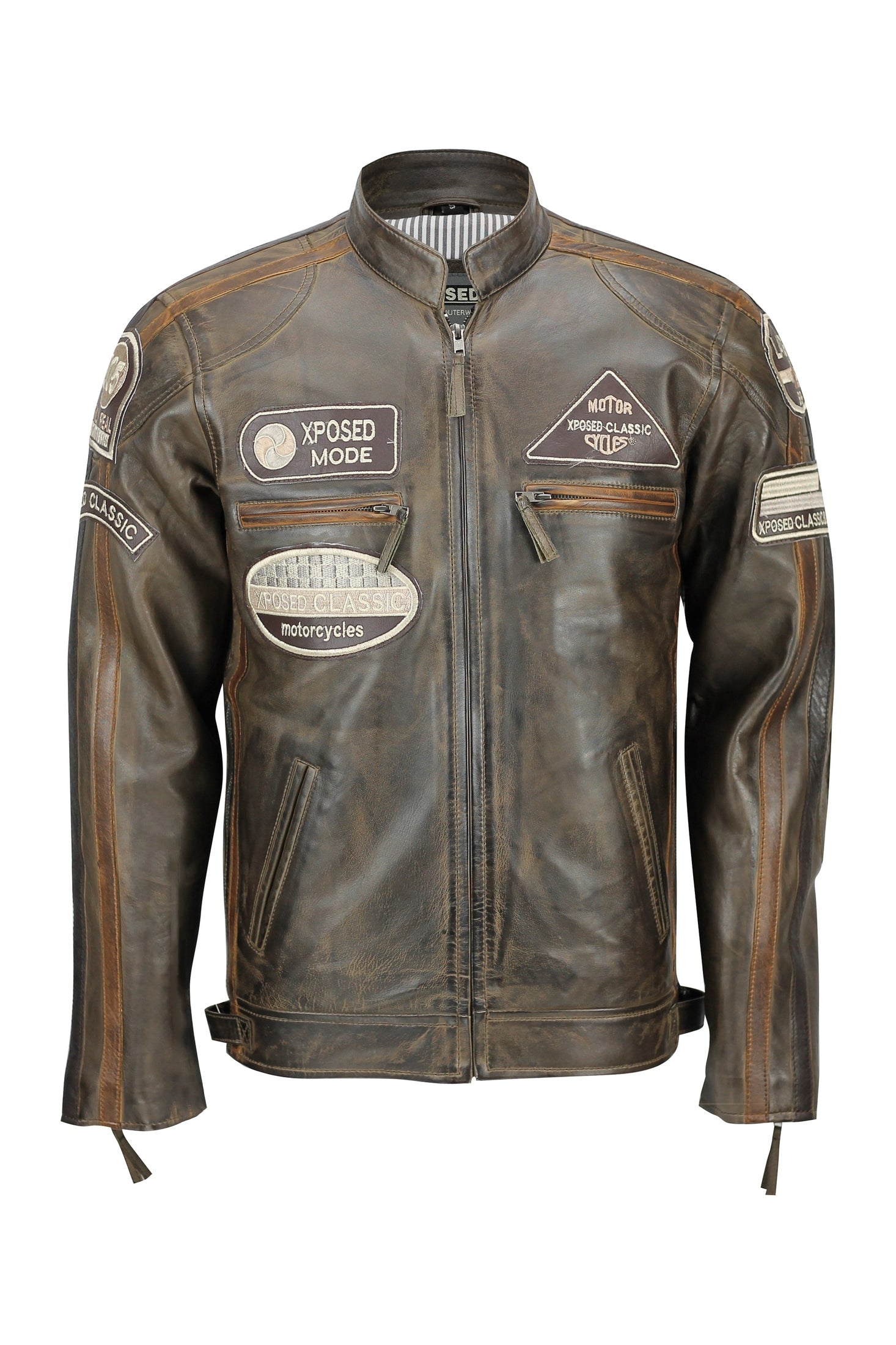 XPOSED REAL LEATHER BIKER SLIM FIT JACKET IN BROWN