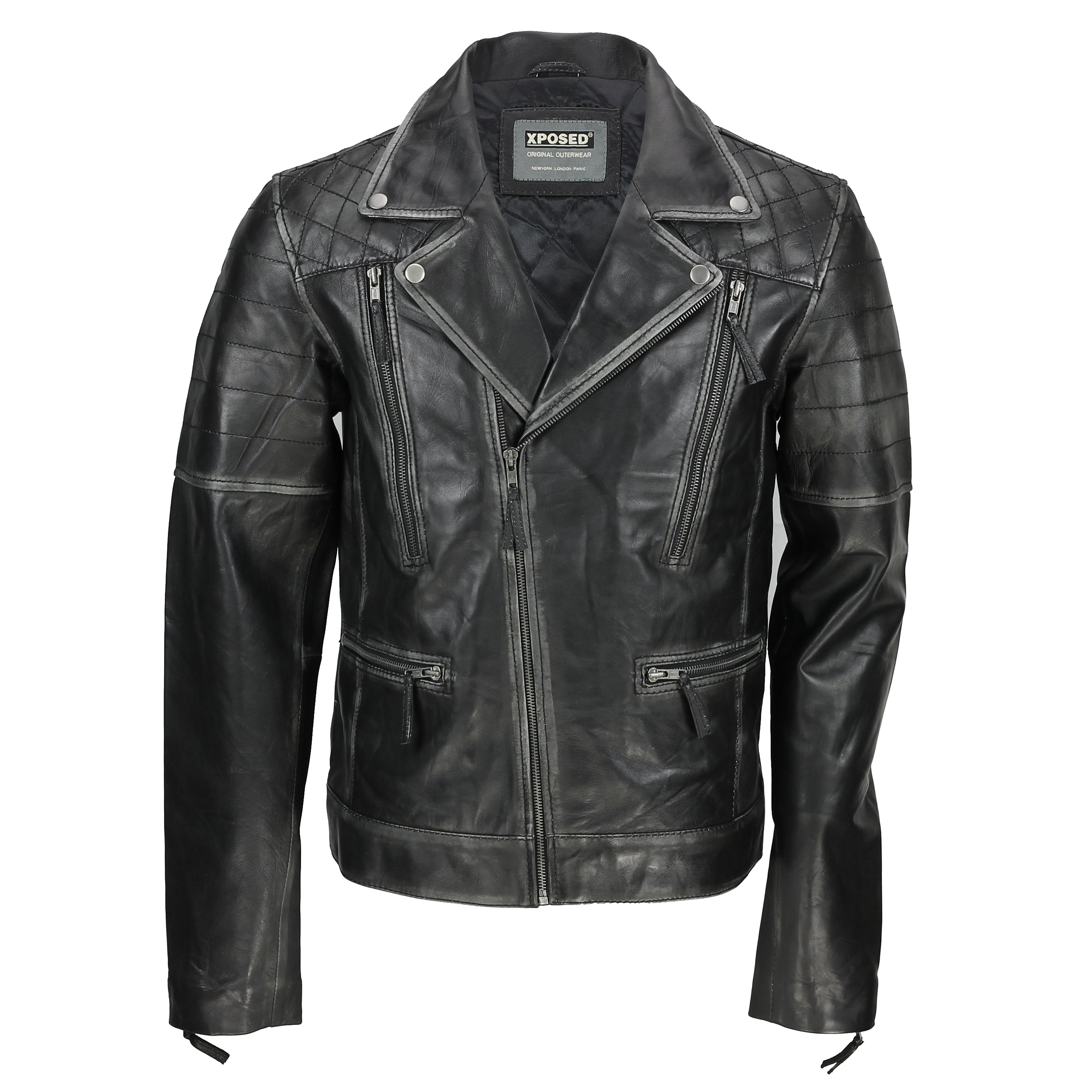 Mens Black Real Leather Biker Style Jacket Vintage Rubbed off Edges Zipped Retro