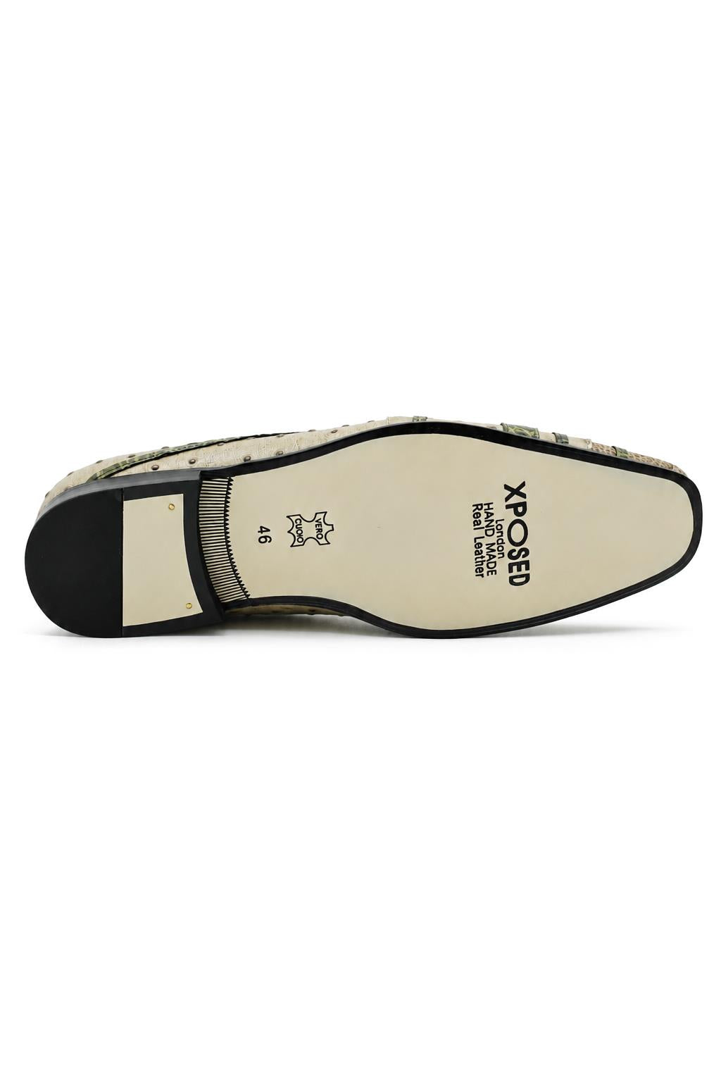 Men’s Cream & Green Snake-Effect Real Leather Loafers