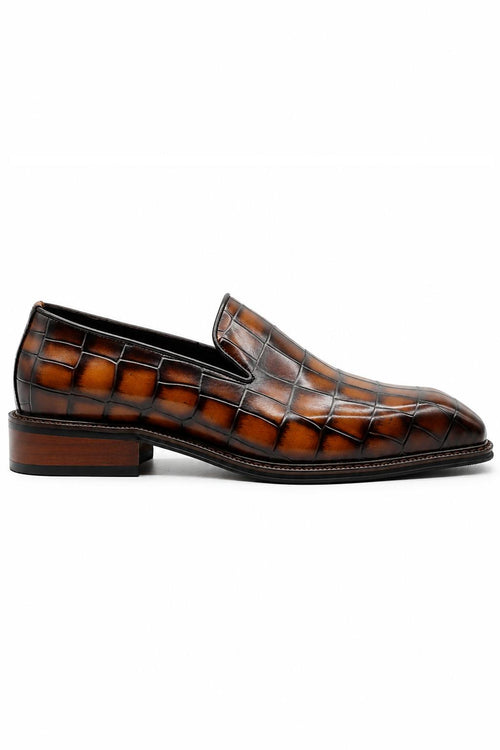 ELBA Men’s Tan Croc Embossed Leather Chisel Toe Loafers