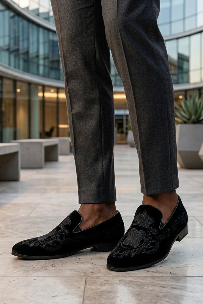 FRED Men’s Black Embroidered Velvet Party Loafers