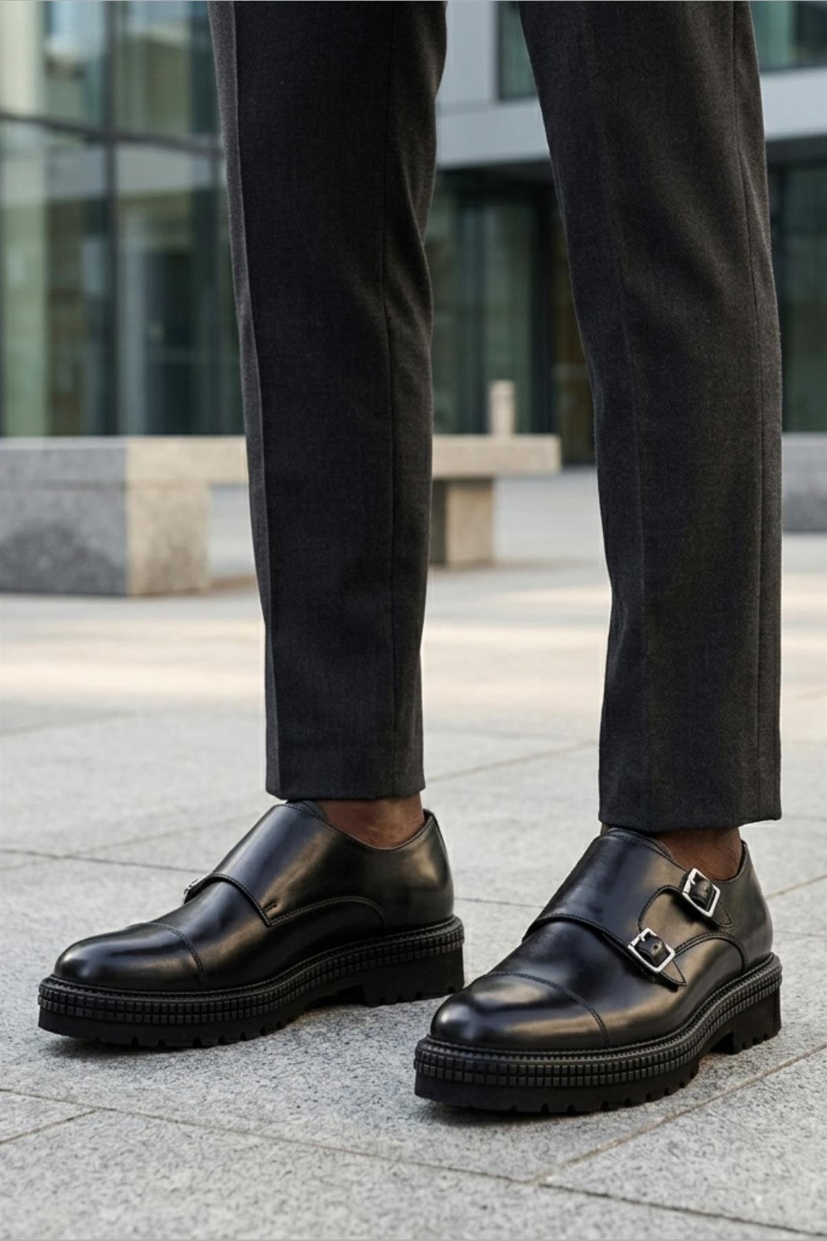 Men's Black Polished Leather Double Monk Strap Shoes - Chunky Sole