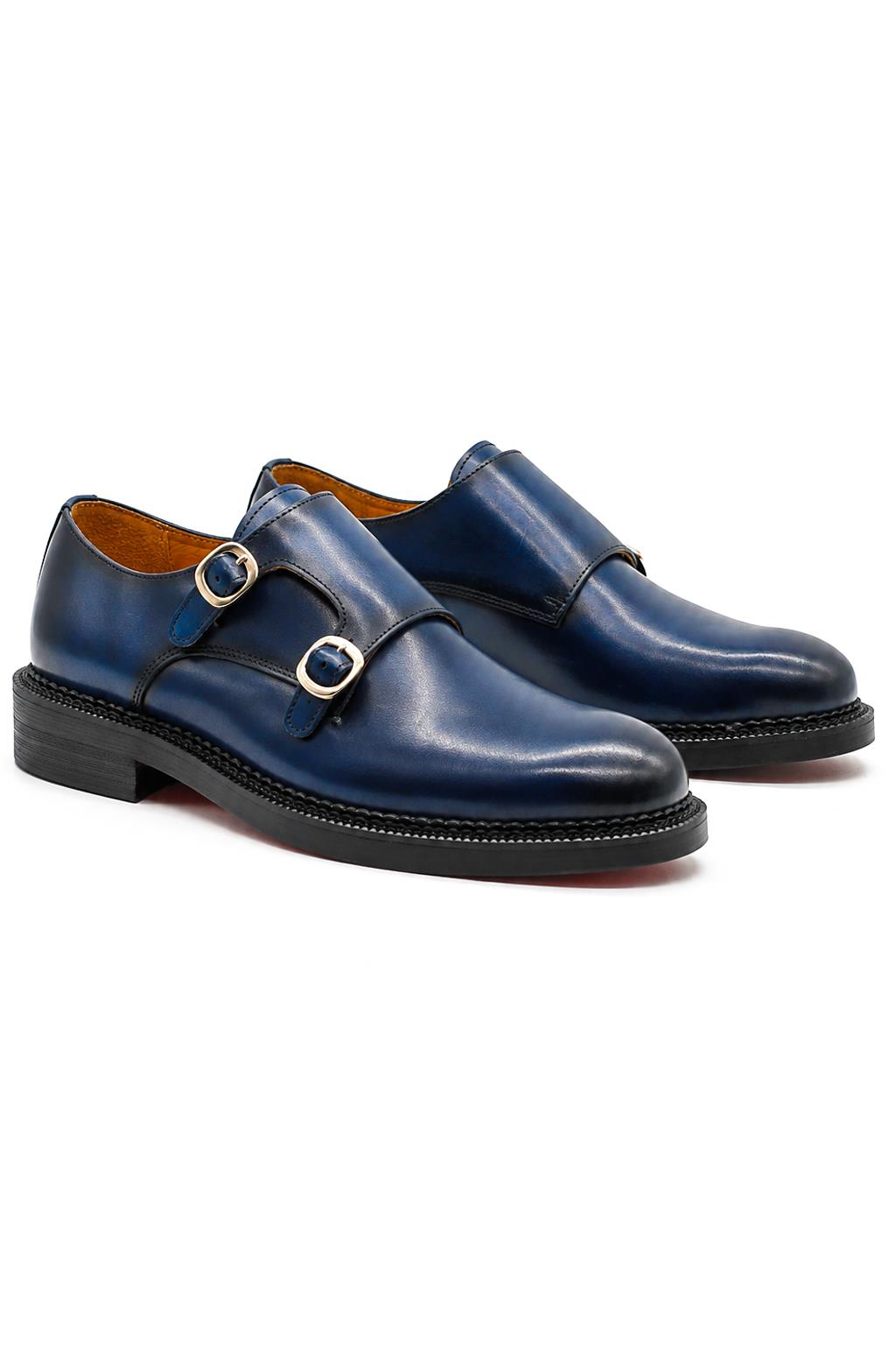 ROWE Men’s Blue Burnished Real Leather Double Monk Strap Shoes