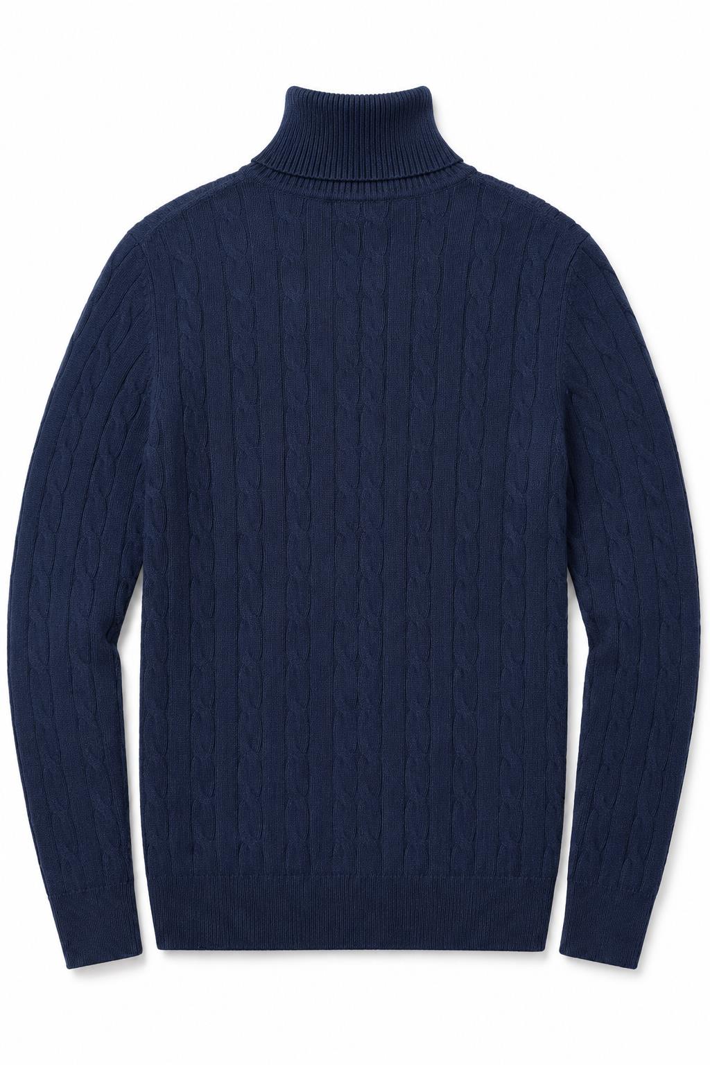 Men's Navy 100% Cotton Fine Cable Knit Roll Neck Jumper