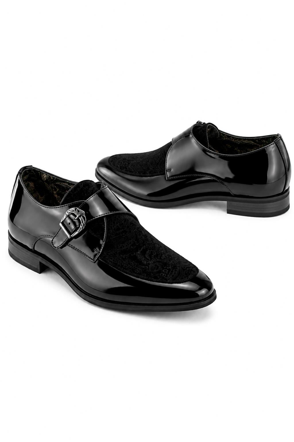 Men's Black Floral Velvet Monk Strap Dress Shoes