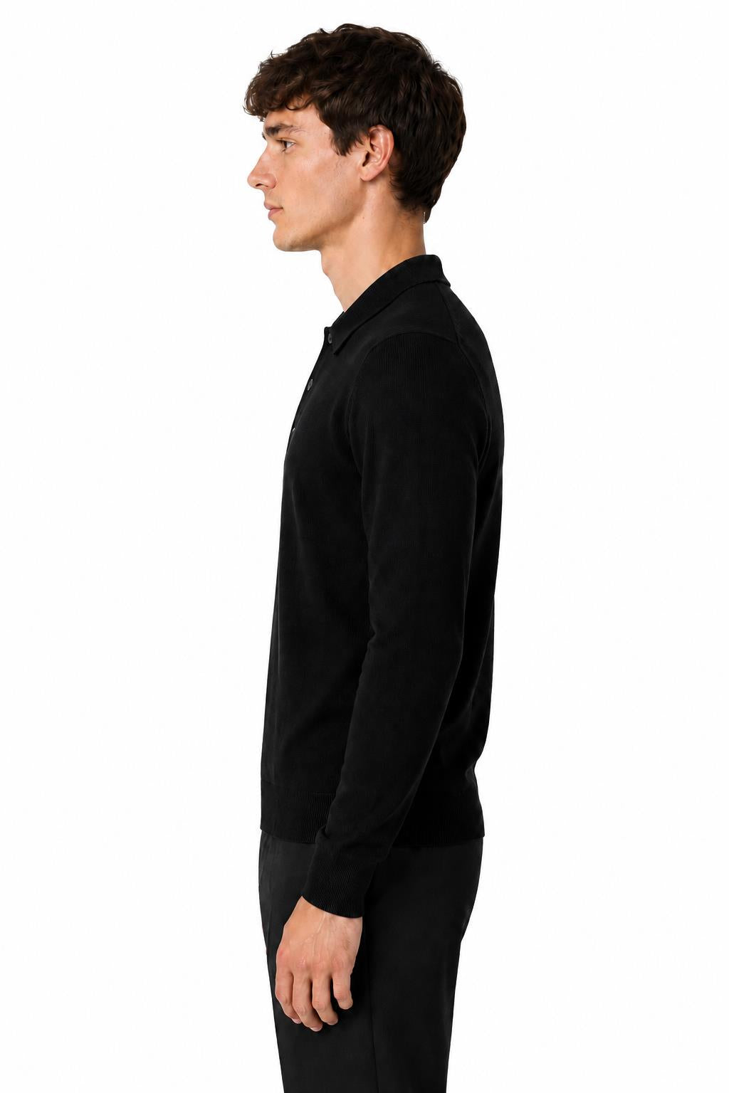 Men's Black 100% Cotton Fine Knit Button Neck Polo Jumper