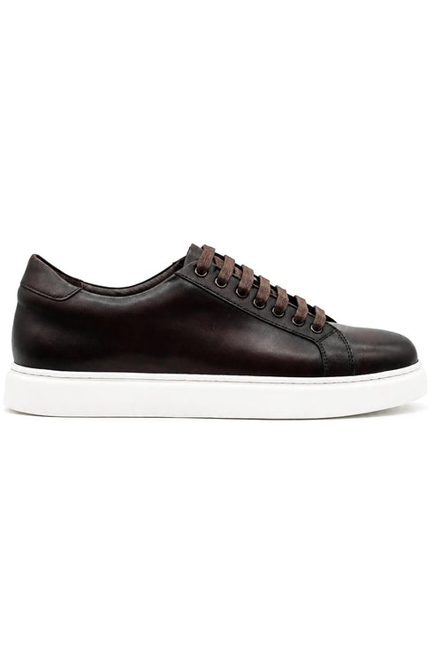 Men's Brown Real Leather Lace-Up Trainers White Sole